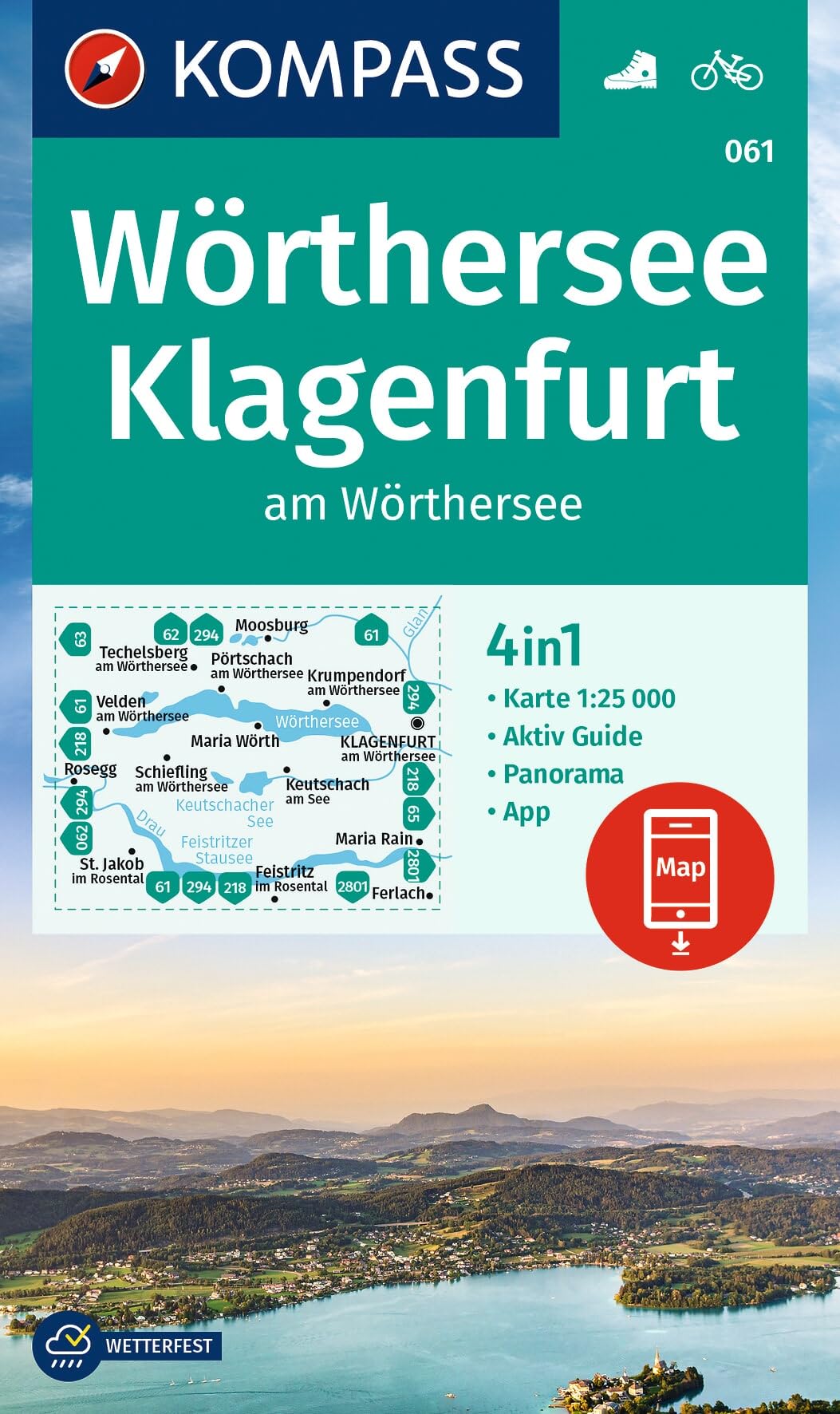 Wörthersee / Klagenfurt + Aktiv Guide (061): 4in1 Wanderkarte mit Panorama und Aktiv Guide inklusive Karte zur offline Verwendung in der KOMPASS-App. Fahrradfahren.