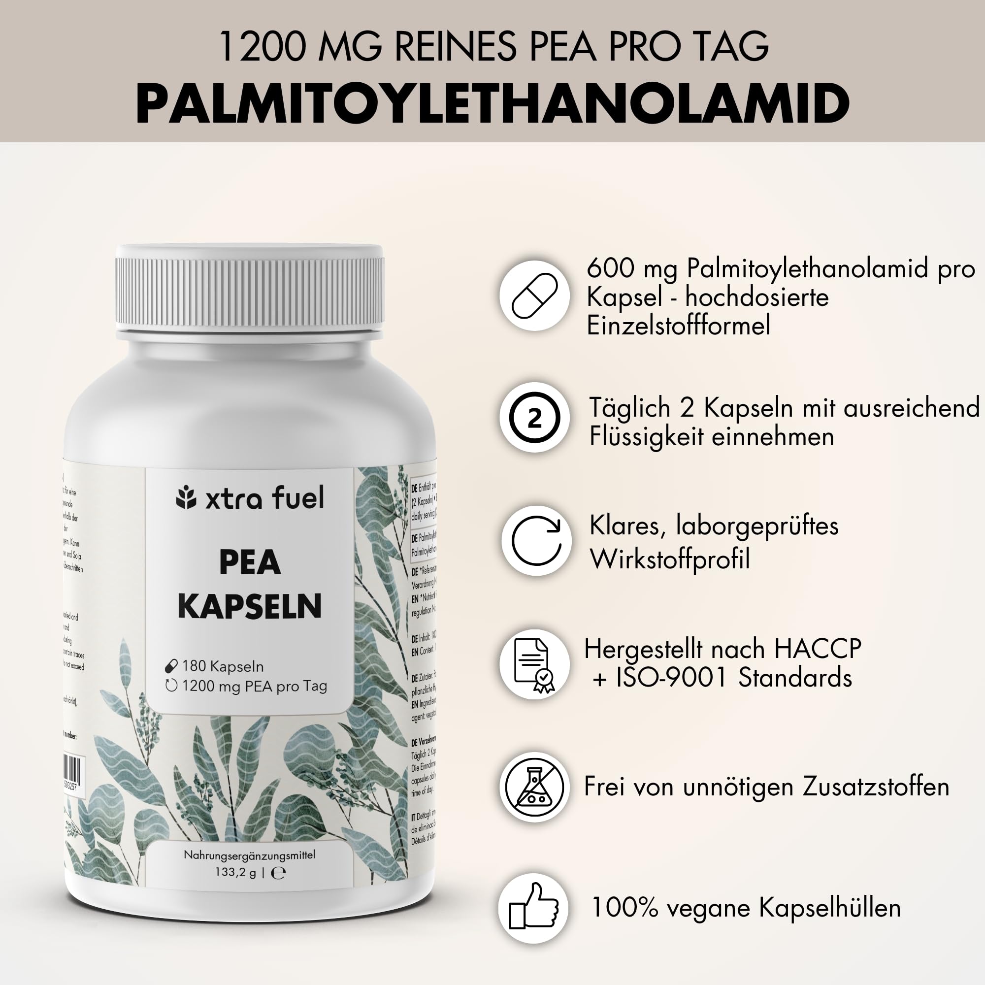 PEA Kapseln – 180 Kapseln hochdosiert - mikronisiertes Palmitoylethanolamid – 1200 mg pro Tagesdosis – vegan & laborgeprüft
