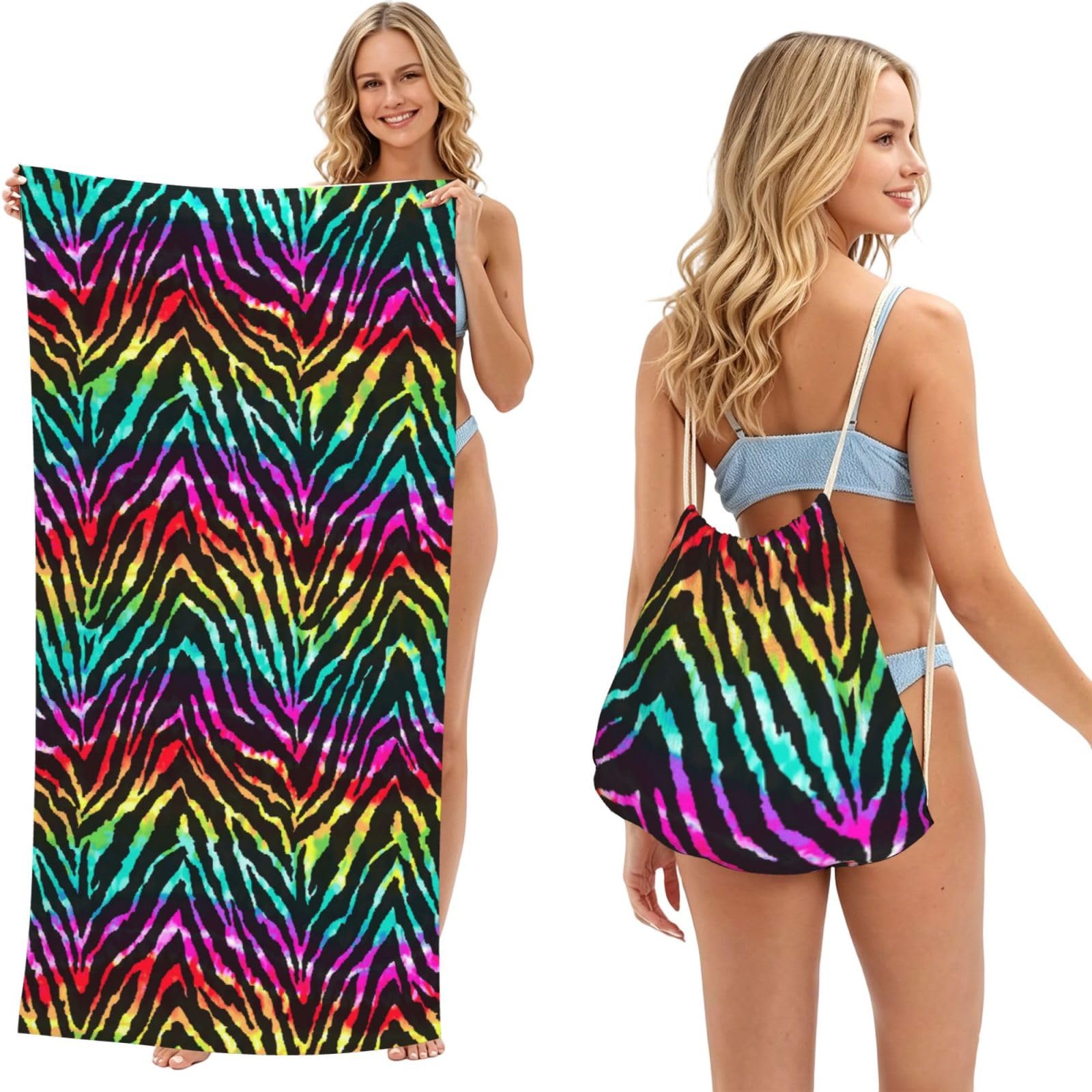 Poadnly As Picture Colorful Rainbow Zebra, 2 In 1 Packable Towel Bag, Beach Towels With Drawstring Backpack For Travel Holiday Camping