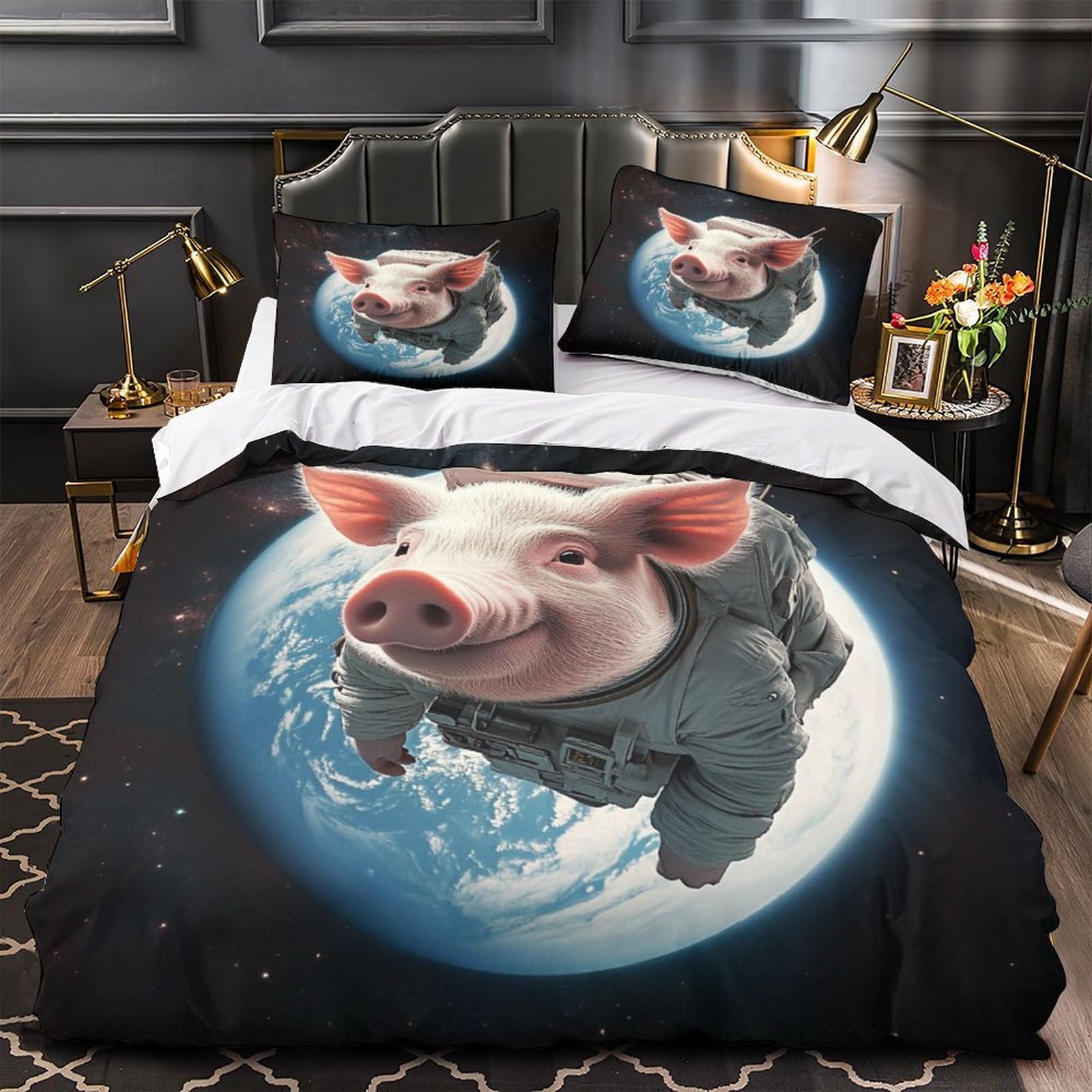 Housse de couette cochon astronaute 3D drap de couette microfibre respirant lit enfant 260x220