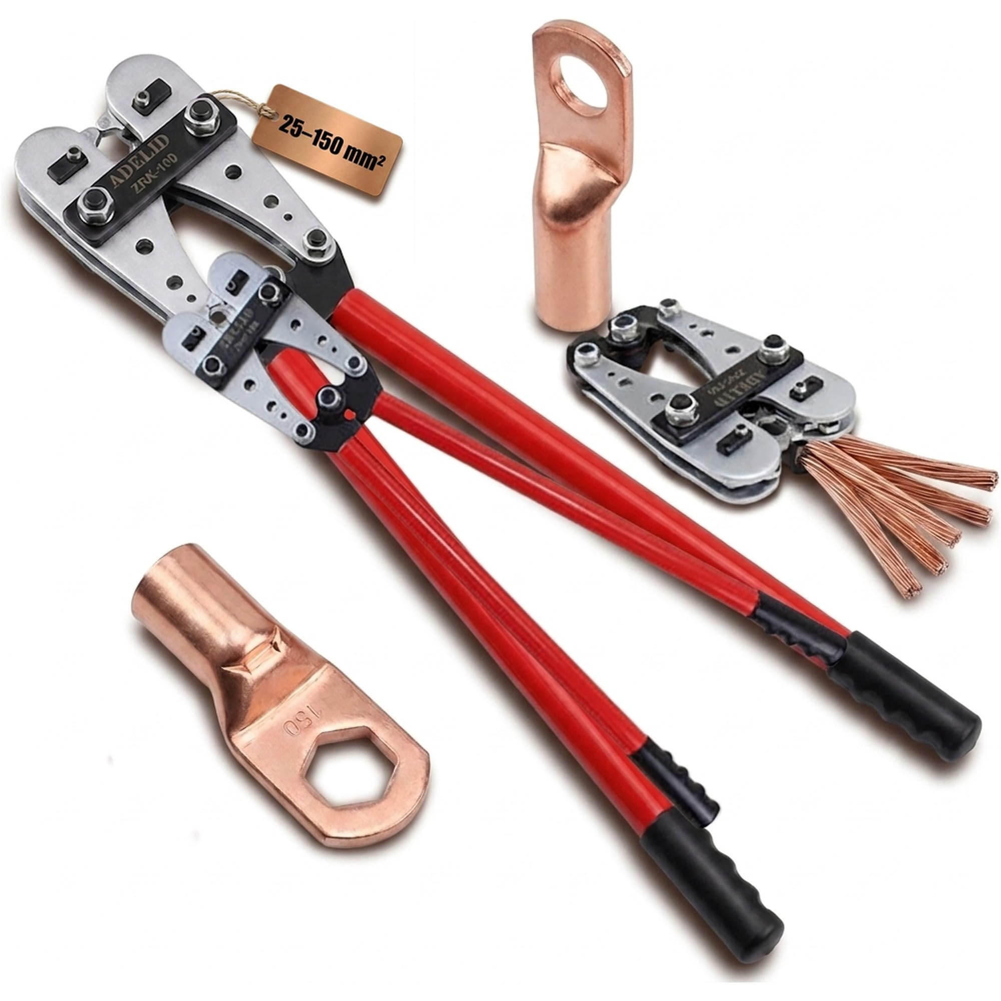 Crimpzange 25-150mm² | Presszange Sechskant Rotationsspannbacken für Kabelschuhe & Kabelmuffen Cu/Al | 45kN Druckkraft, 630mm | Werkzeugstahl Presseinsatz Serien-/Parallelverbinder