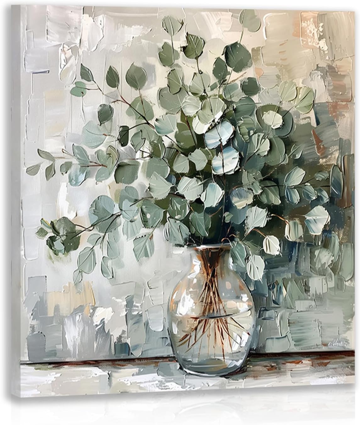 Hianan Framed Eucalyptus Leaf Wall Art, Green Botanical Wall Decor, Vintage Floral Canvas Painting, Soft Neutral Rustic Farmhouse Bathroom Art Print for Bedroom Living Room 20"x20"