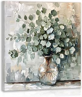 Hianan Framed Eucalyptus Leaf Wall Art, Green Botanical Wall Decor, Vintage Floral Canvas Painting, Soft Neutral Rustic Farmhouse Bathroom Art Print for Bedroom Living Room 12"x12"