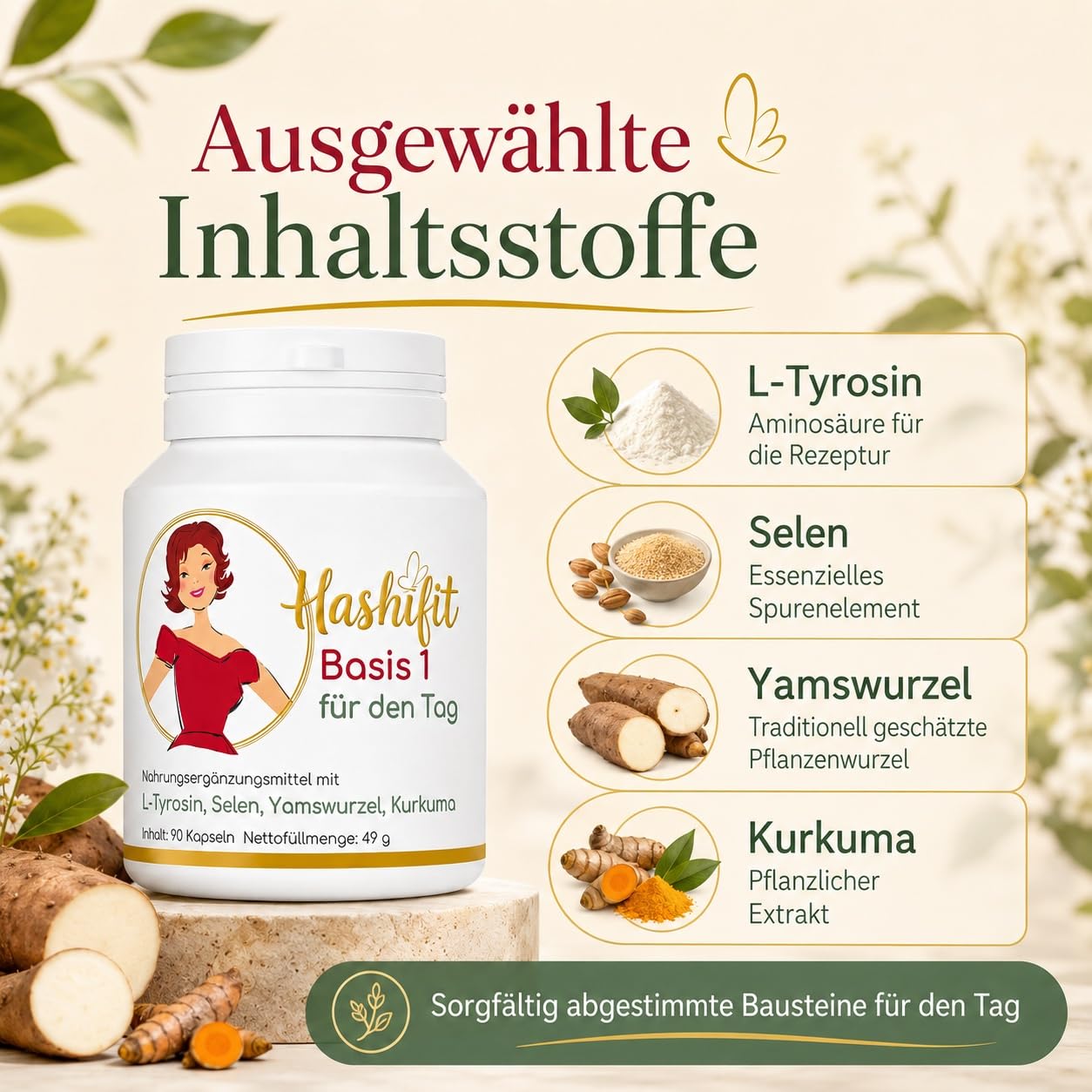 Basis 1, Schilddrüse Komplex mit Selen, L-Tyrosin Yamswurzel Kurkuma und mehr, Wechseljahre Kapseln, Hashimoto Kapseln – Energie und Wohlbefinden, hochdosiert vegan, ohne Jod, Monatspackung | 200 µg Selen + 450 mg L-Tyrosin, Q10 & B6 – jodfrei, vegan, 15