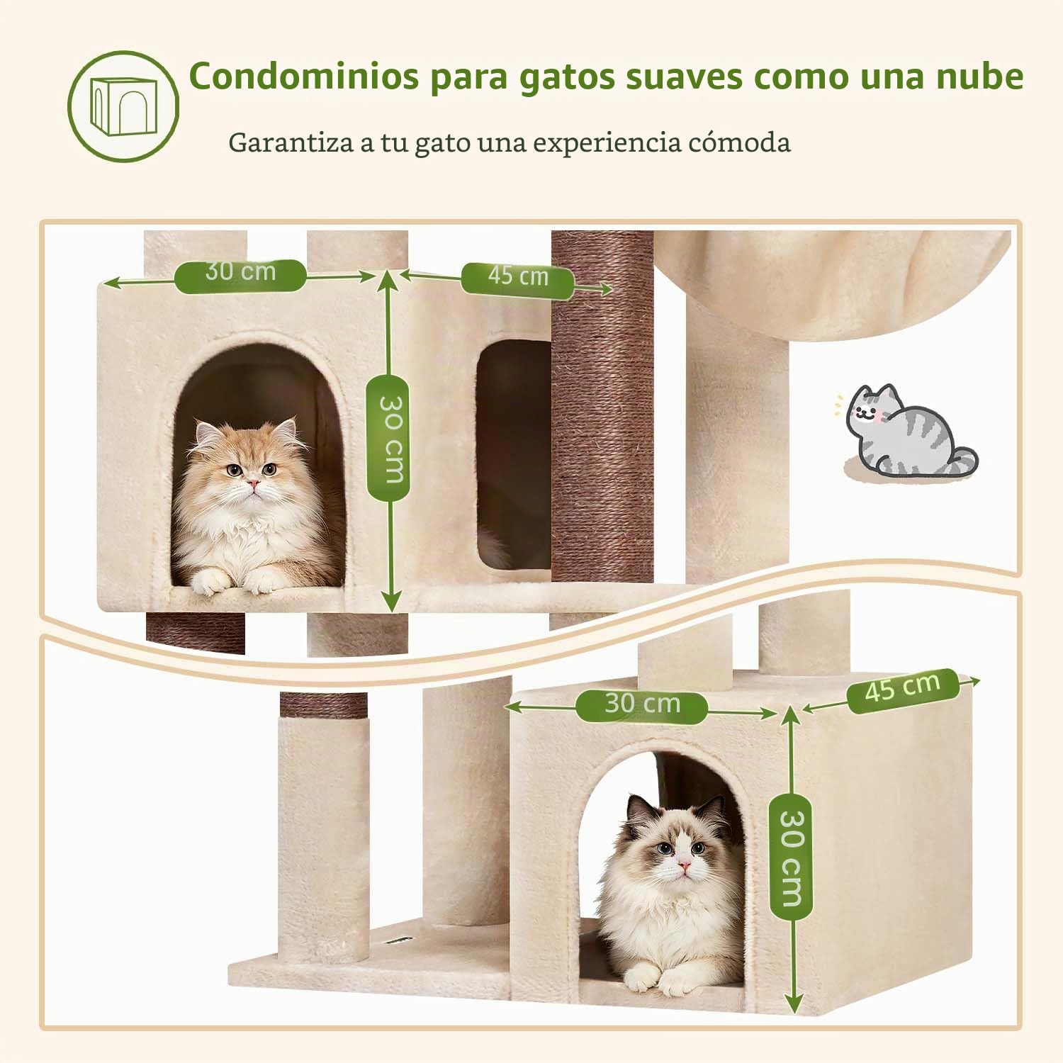 Globlazer Árbol Rascador Beige Esquinero Alto 163 cm con 2 Grande Nidos 45*30*30CM, Inmenso Plataforma Acolchada, 2 Suave Cesta, 4 Postes de Sisal, Estable Rascador para 2-4 Gatos Adulto (C64, Beige)