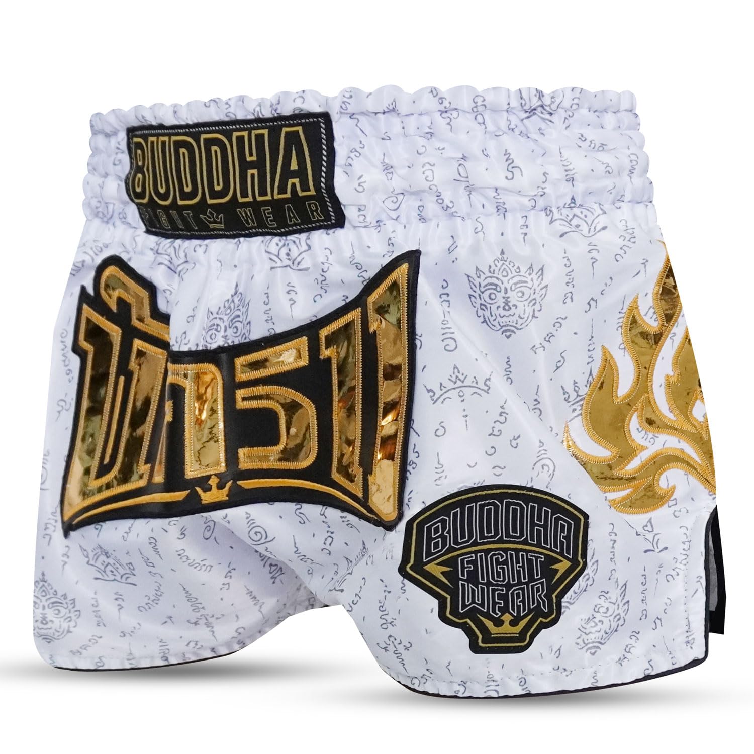 Buddha Fight Wear Pantalon Muay Thai et Kick Boxing Kanok - Short professionnel en satin premium, design multicolore, léger et résistant.