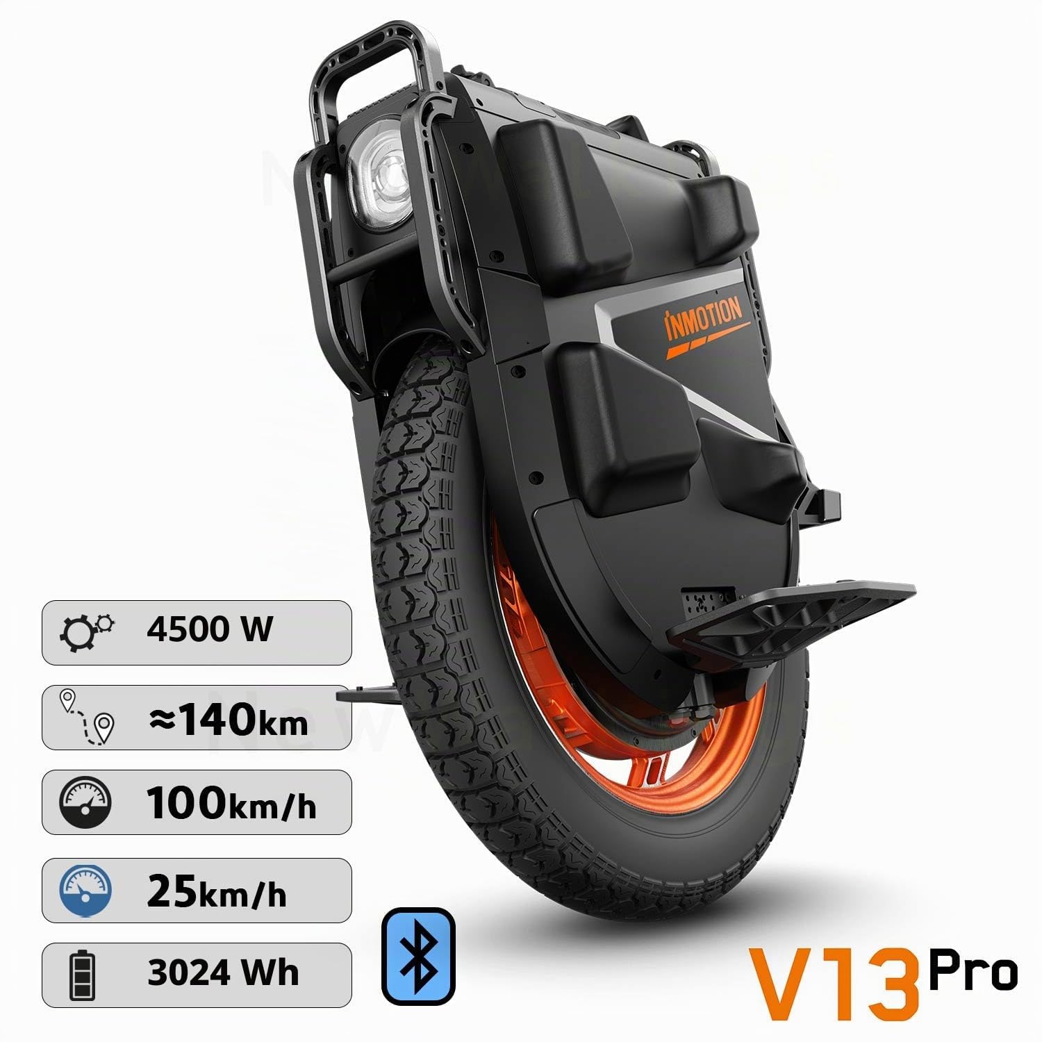 Inmotion Gyroroue Electrique V13 Pro, Adulte, Noir, Moteur 4500W, Autonomie jusqu'à 150km, Vitesse bridée 25km/h, Pneu Gonflable 22''