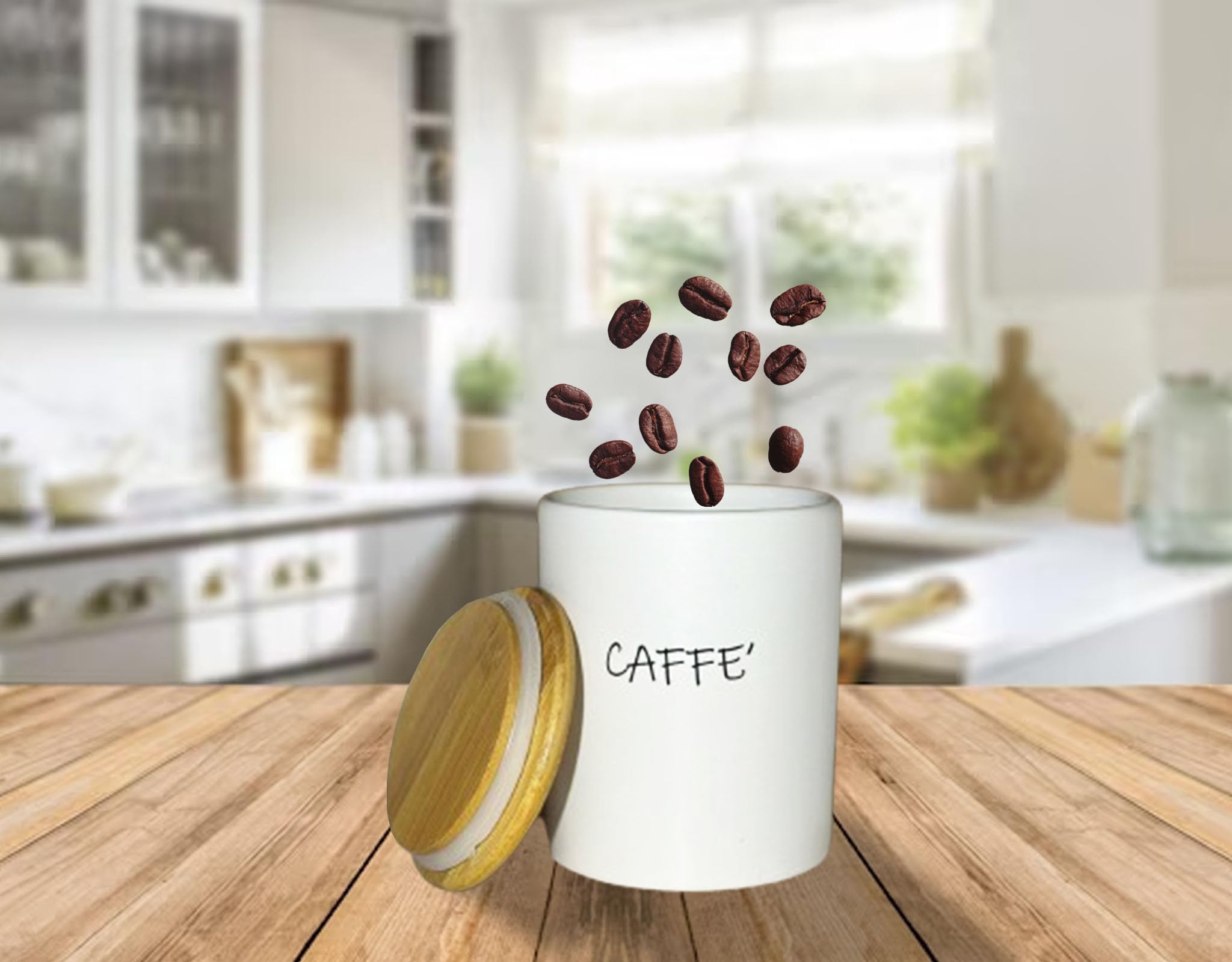 Set 3 Barattoli Ceramica Sale Zucchero Caffè con Tappo in Legno – Contenitori Cucina Ermetici Bianchi Stile Shabby – 10x13 cm