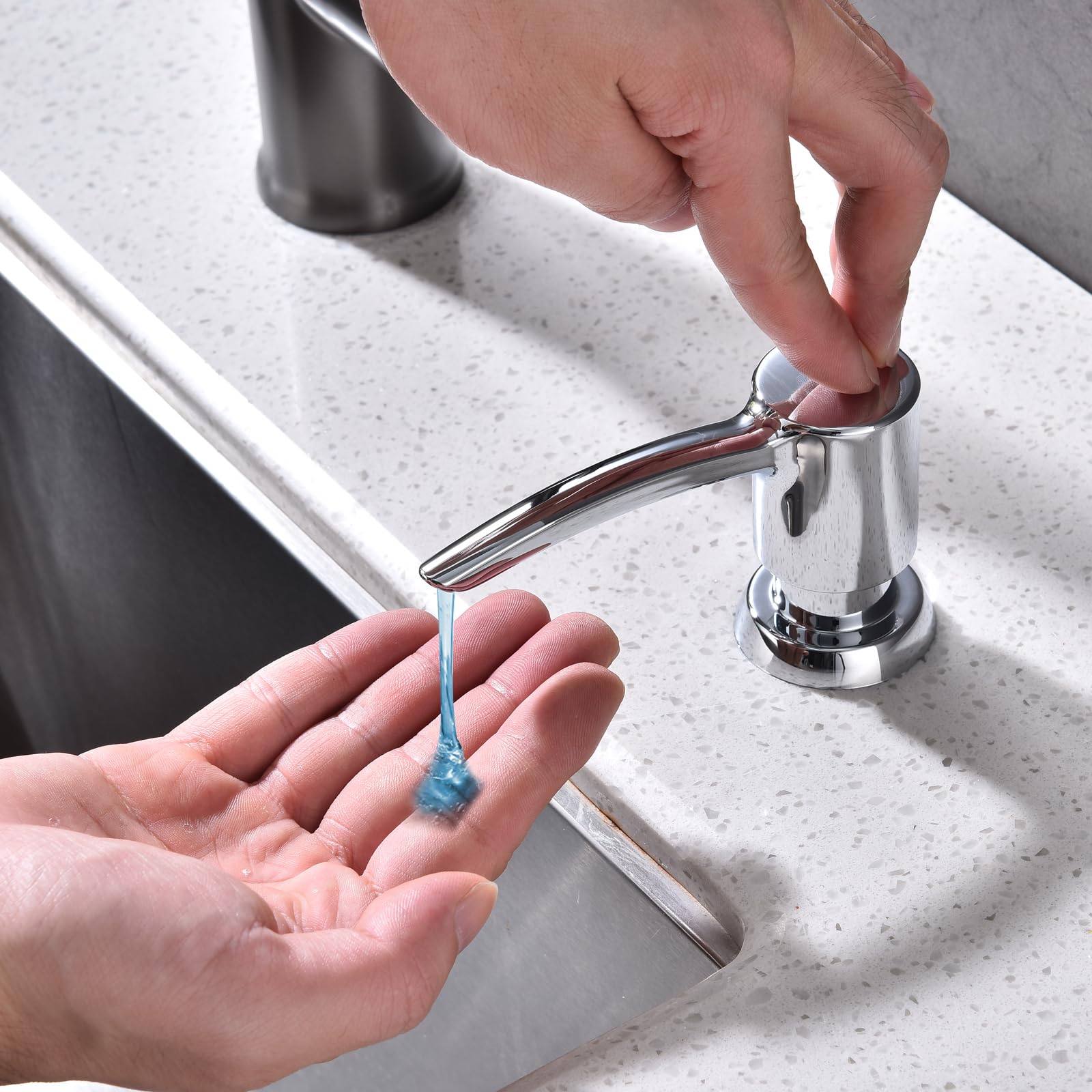 Fregadero de cocina con dispensador de jabón integrado, dispensador de jabón de encimera, cabezal de bomba ABS cromado, con botella grande de jabón PET de 12 onzas, dispensador de jabón
