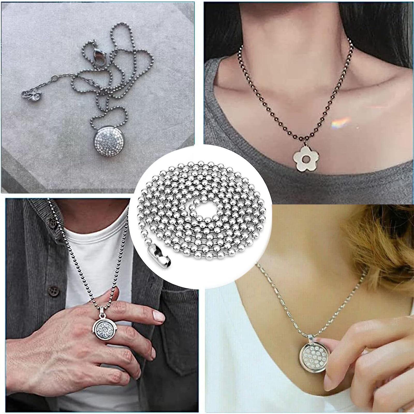 XSHAO 85 Pièces Chaine Acier Inoxydable, 17 Couleurs Chaine Boule pour Collier Pendentif Chaîne