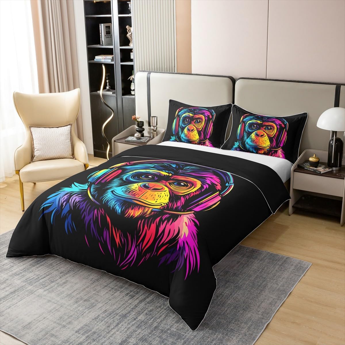 Feelyou Monkey Bedding 100% Cotton Duvet Cover Set Twin Size Cool Monkey Bedding Set Decor Cartoon Animal Comforter Cover Set Gamer Bedspread Cover Cute Fun Design Bedroom Bedclothes,No Comforter