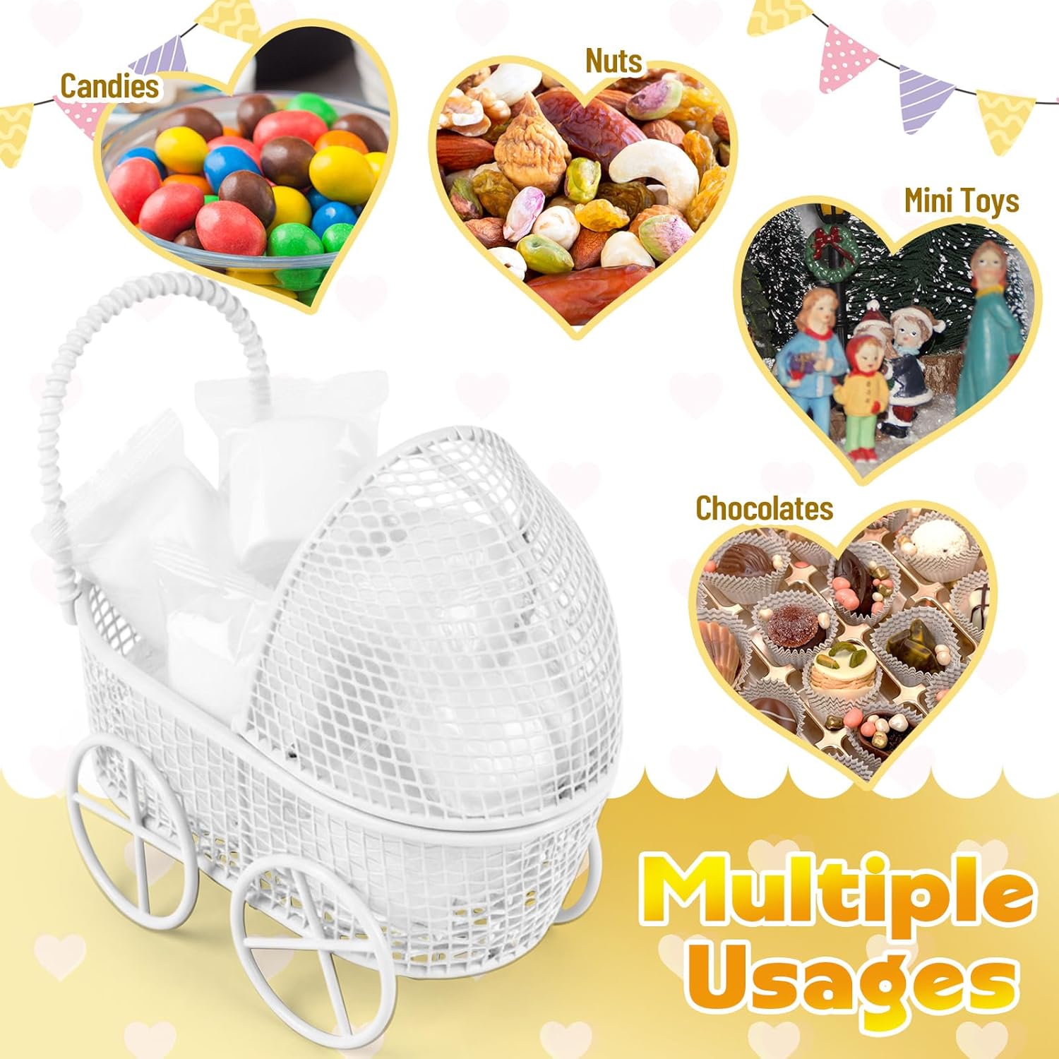 Threehoney 24 Pcs Baby Shower Mini Carriage Decoration White Goose Color Metal Wired Fillable Candy Stroller Baby Shower Table Centerpiece for Guest Gender Reveal Wedding Party Favor Gift