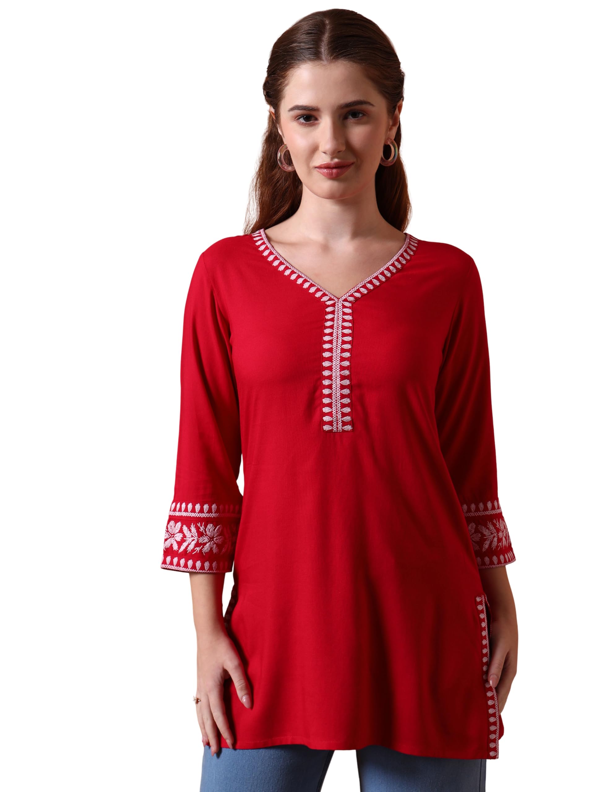 Women’s Rayon Solid Short Kurti with Rubber Print 3/4 Sleeves & V-Neck – Stylish Casual Tunic Top with Side Slits & Smocked Back Detail for Ethnic Look (Not Embroidery)-image-5