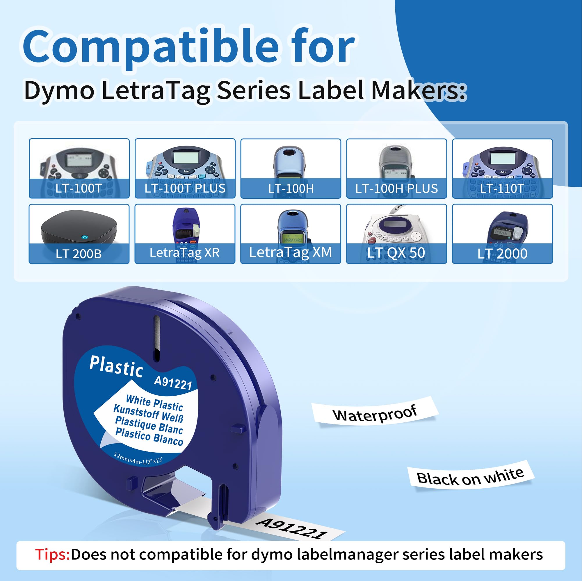 A91221 witte kunststof etiketten, 12 mm x 4 m, compatibel met Dymo