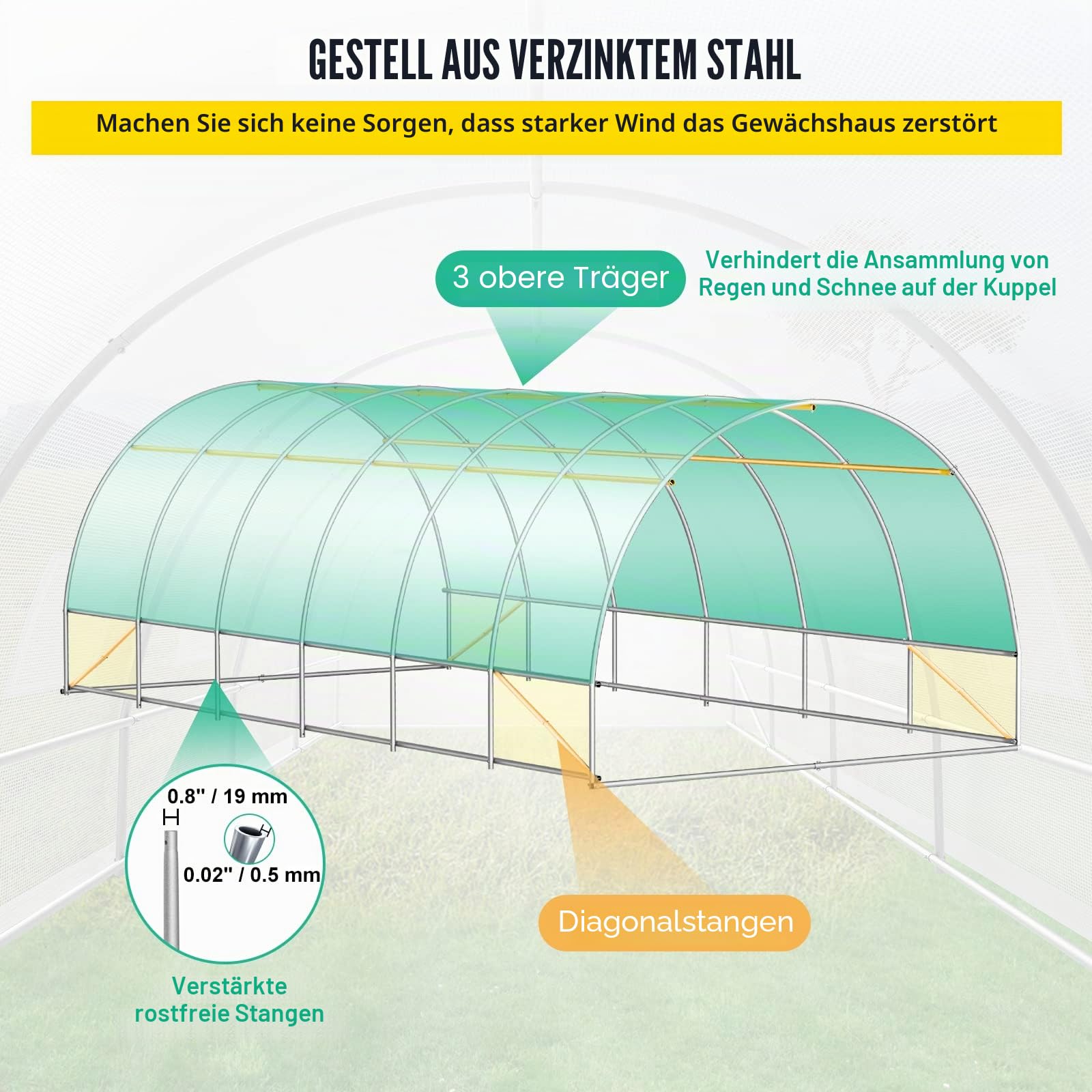 VEVOR Foliengewächshaus 6,1x3x2,1m Bogendach Gewächshaus Verzinkter Stahlrahmen 140 g/cm³ PE Mobiles Treibhaus Wasserdicht und UV-Beständig Frühbeet Geeignet für Anbau von Gemüse Blumen Pflanzen