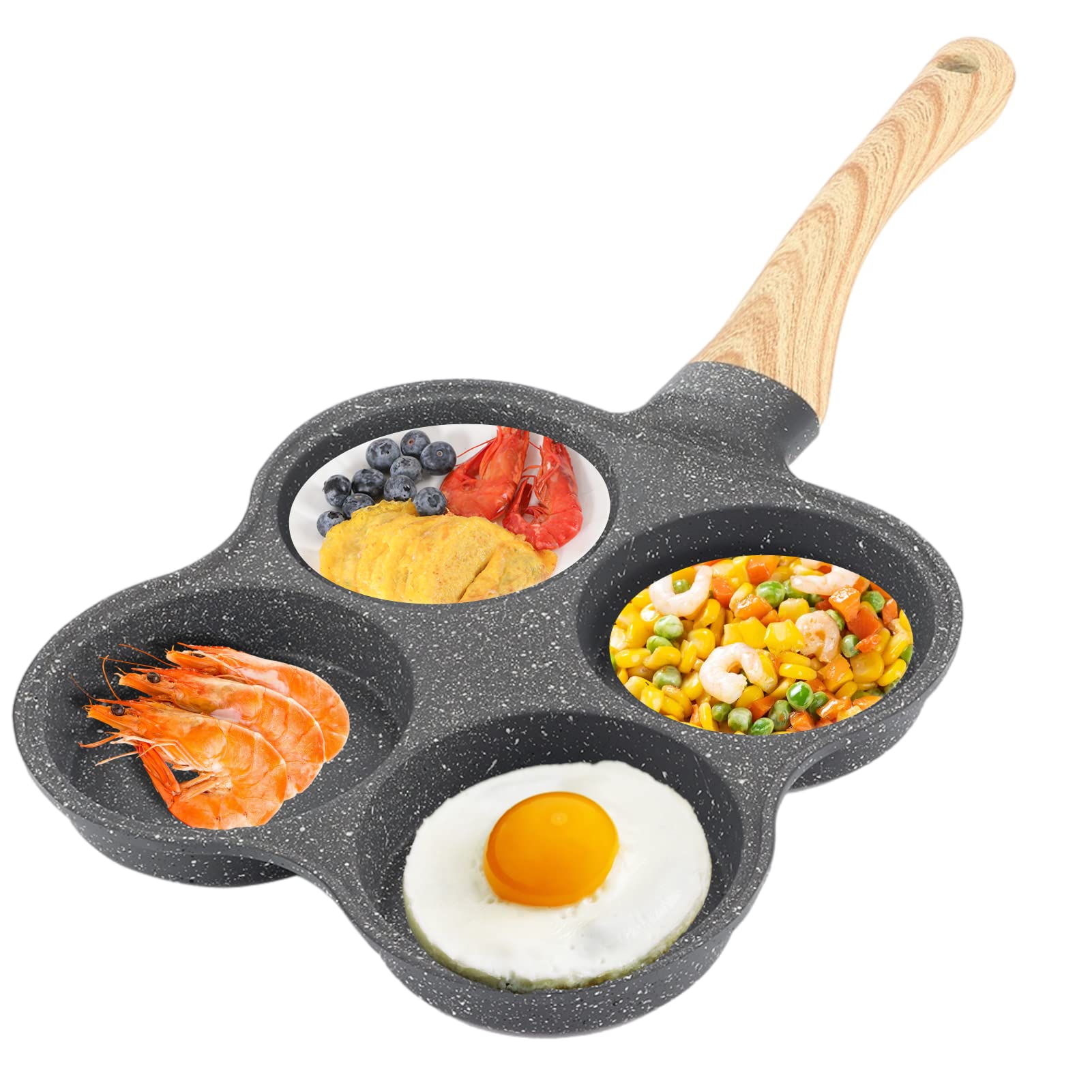 Poêle à Omelette 4 Trous, Poêle à Pancakes Poêle à Crêpes Antiadhésive en Aluminium avec Poignée Calorifuge pour Oeuf, Hamburger