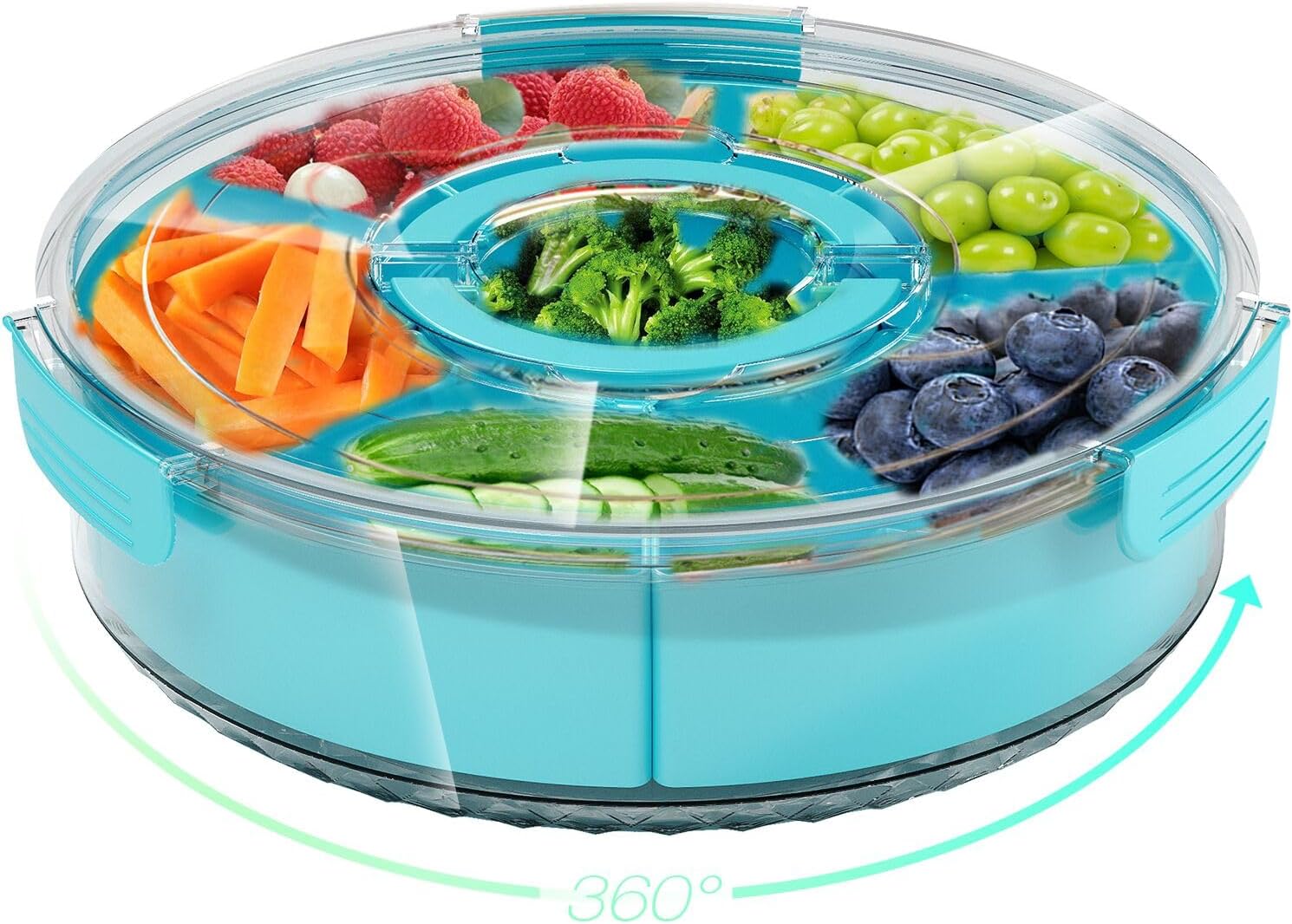 Divided Rotating Serving Tray with Lid and Handle, Portable Snackle Box for Fruits Snacks Veggie Charcuterie, Clear Lazy Susan Organizer and Fridge Storage Container for Adults Child (2PCS,12" L