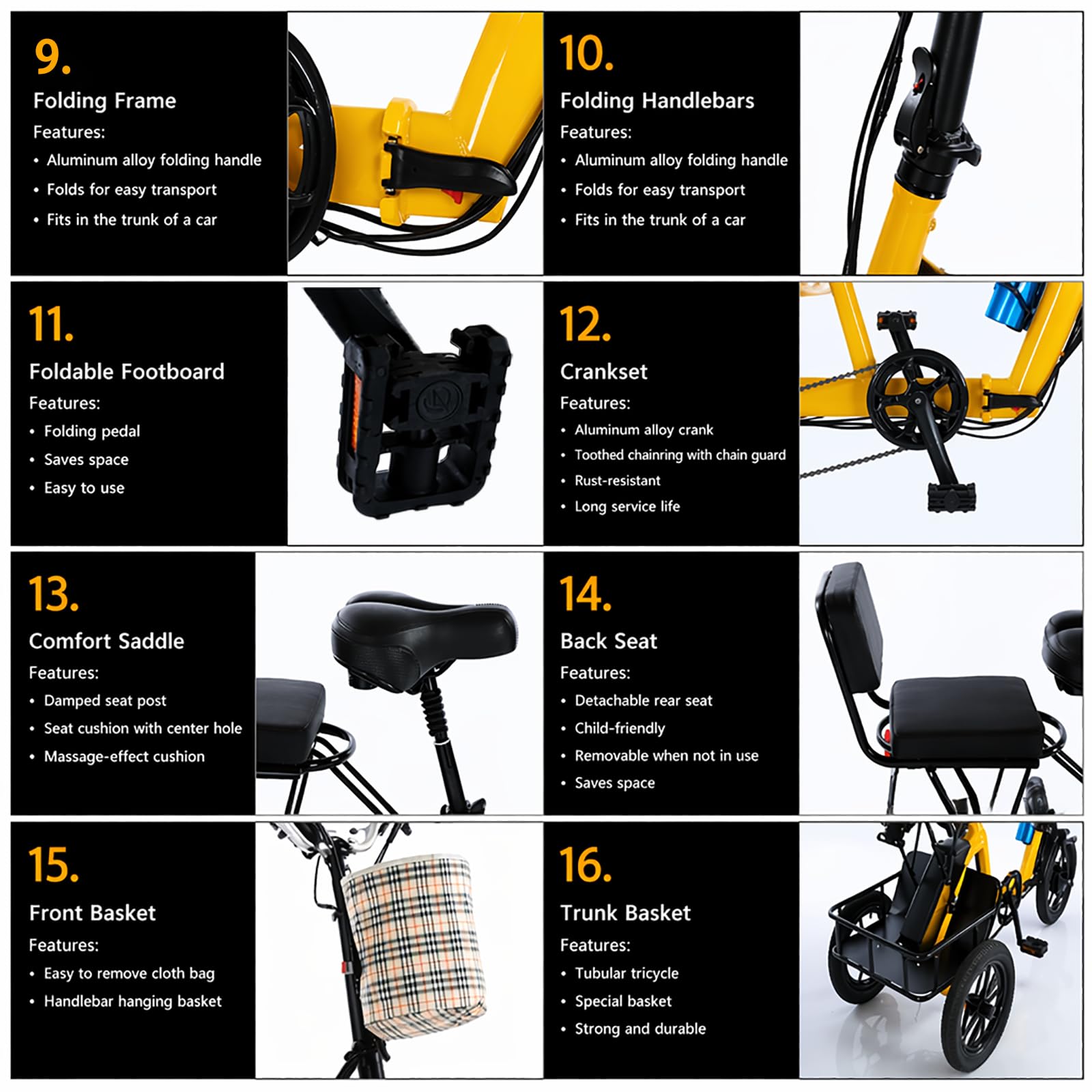 Triciclo Elettrico Pieghevole 14 Pollici Adulti Anziani 2 Posti 3 Ruote Bicicletta con LED Anteriore Posteriore Cestino Display LCD Uomo Donna Trasporto Cargo Urbano Quotidiano Green
