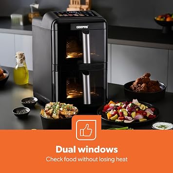 GEEPAS 2800W Dual Basket Stack Air Fryer | 12L XXL Capacity 2x6L Twin Baskets | Space-Saving Vertical Design with Sync Cook for Both Baskets 10 Presets Rapid Air Tech Energy Efficient Healthy Cooking