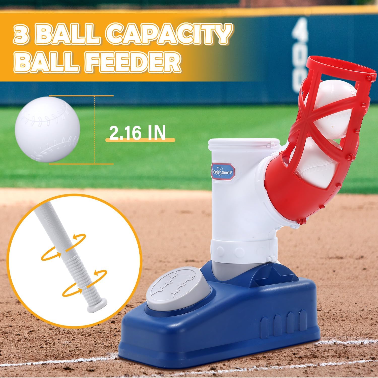 EagleStone Baseball Tee，T-Ball Set for Kids Ages 3-5, Toddler Baseball Set with Step-On Pitching Machine, Adjustable Batting Tee, Bat and 6 Balls - Perfect Outdoor Christmas Toys Gift for Boys