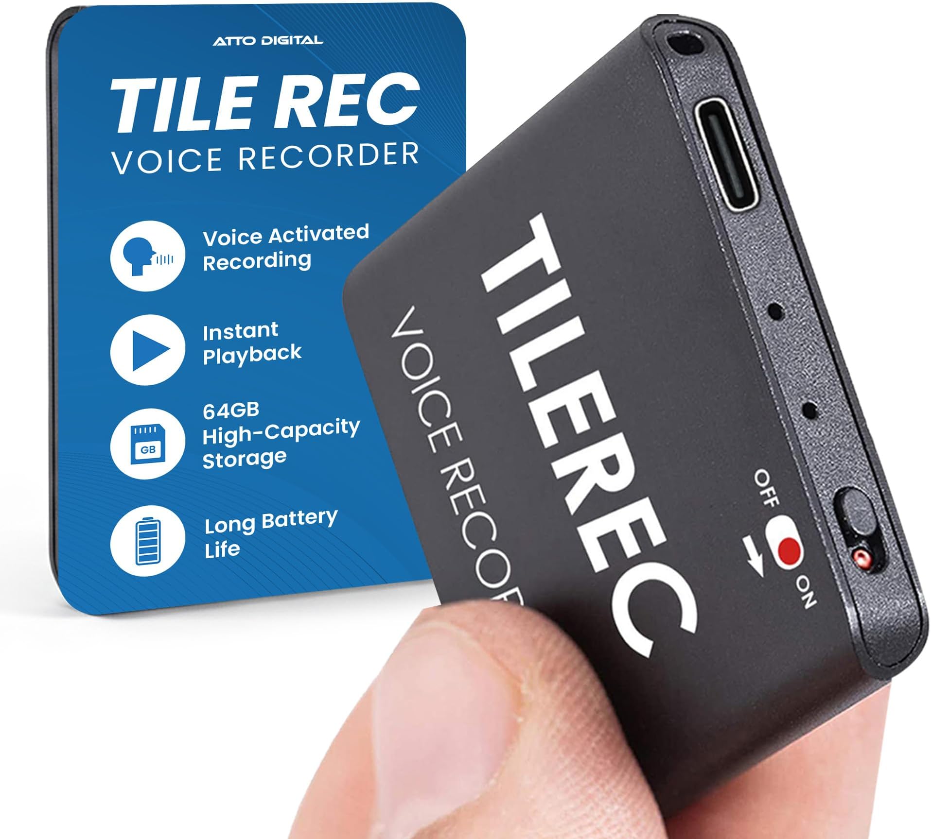 TileRec - Slimmest Voice Activated Recorder with 145 Hours Recording Capacity, MP3 Records, 24 Hours Battery Time, Metal Case – by Atto Digital