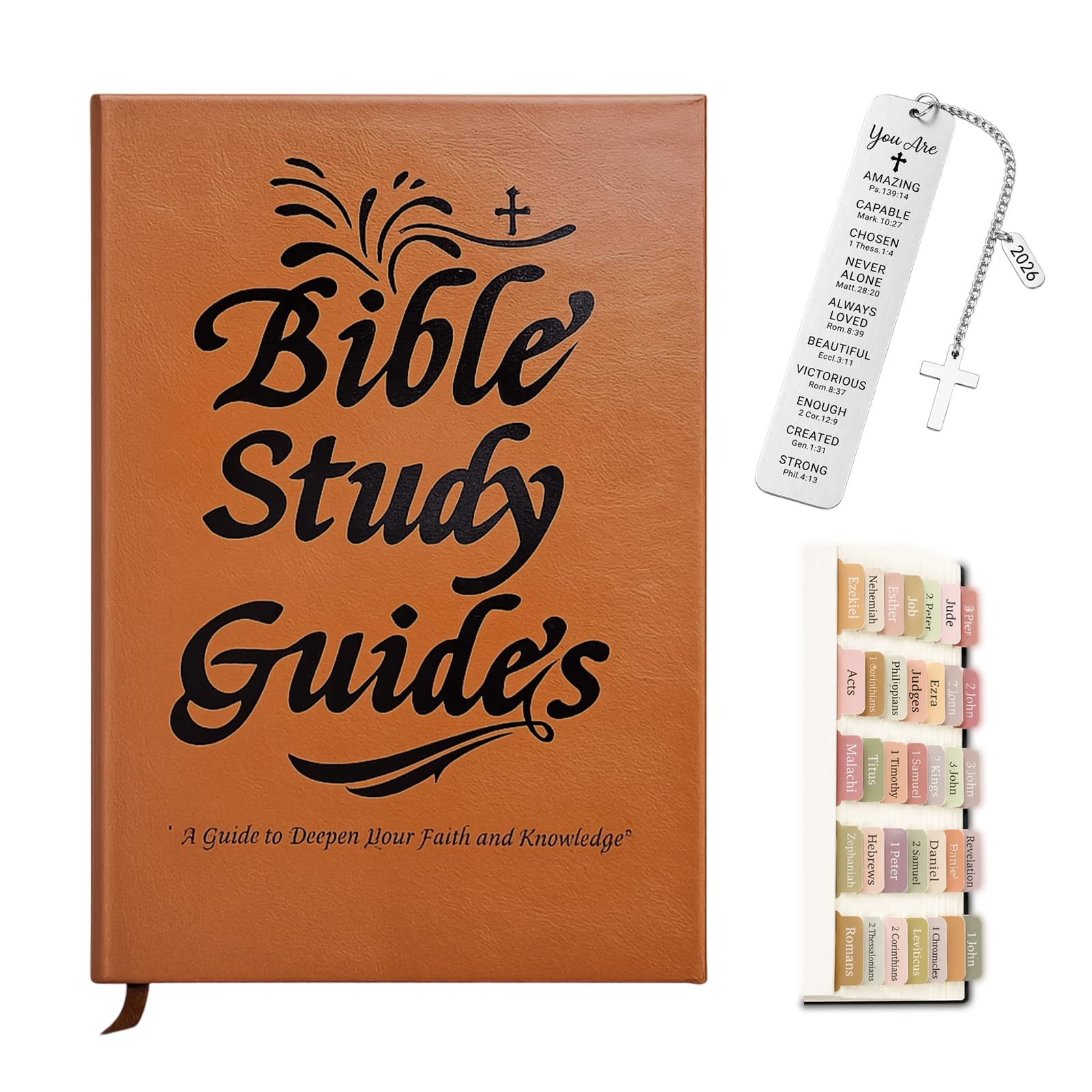 KhgFov Bible Study Guide, 3Pcs Bible Study Supplies Includes Bible Study Journal with Leather Cover, Bookmarks and Bible Tabs for Daily Devotional Practice and Spiritual Reflection