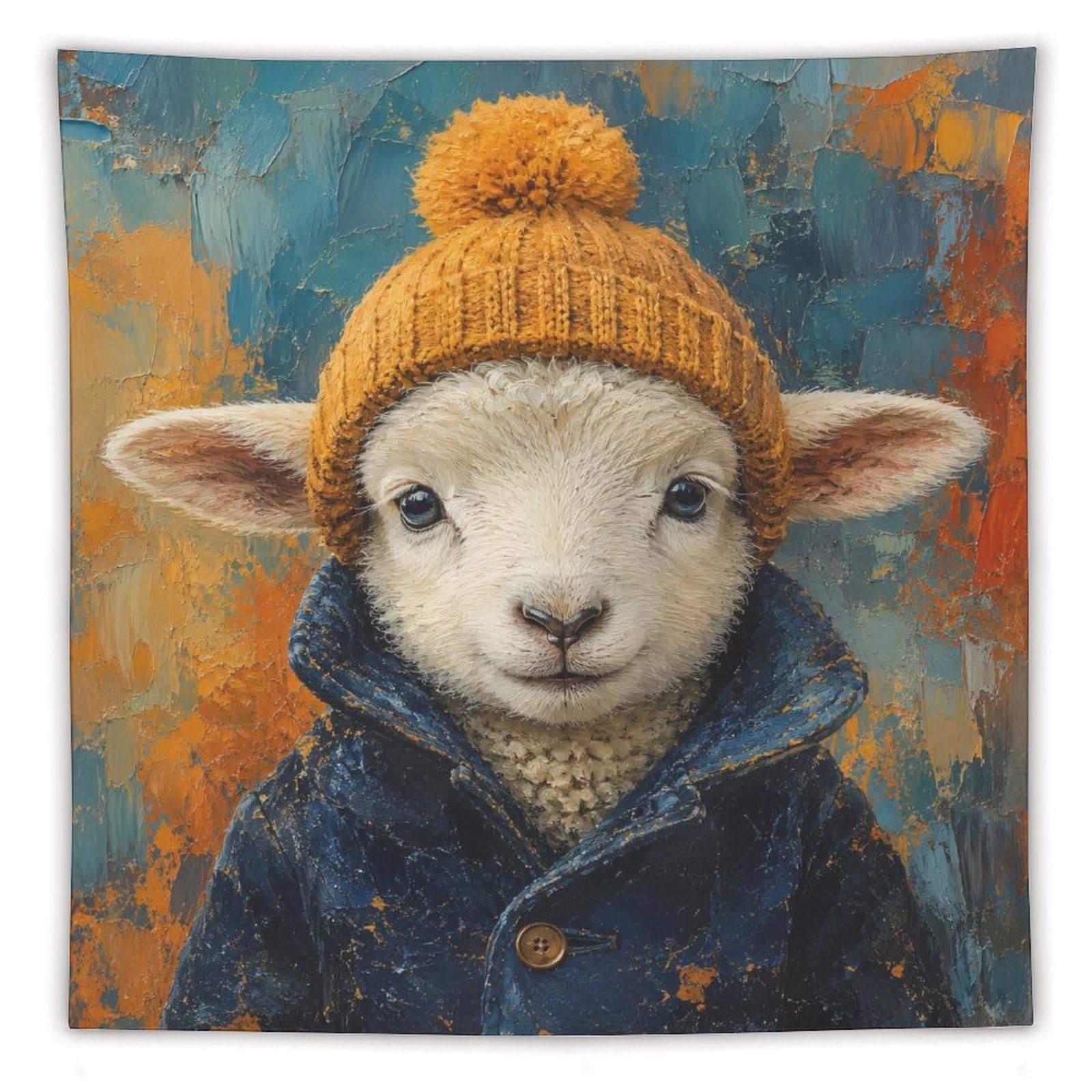 H3B8U2Y5 Lamb Winter Hat Portrait Wall Tapestry, Oil Painting