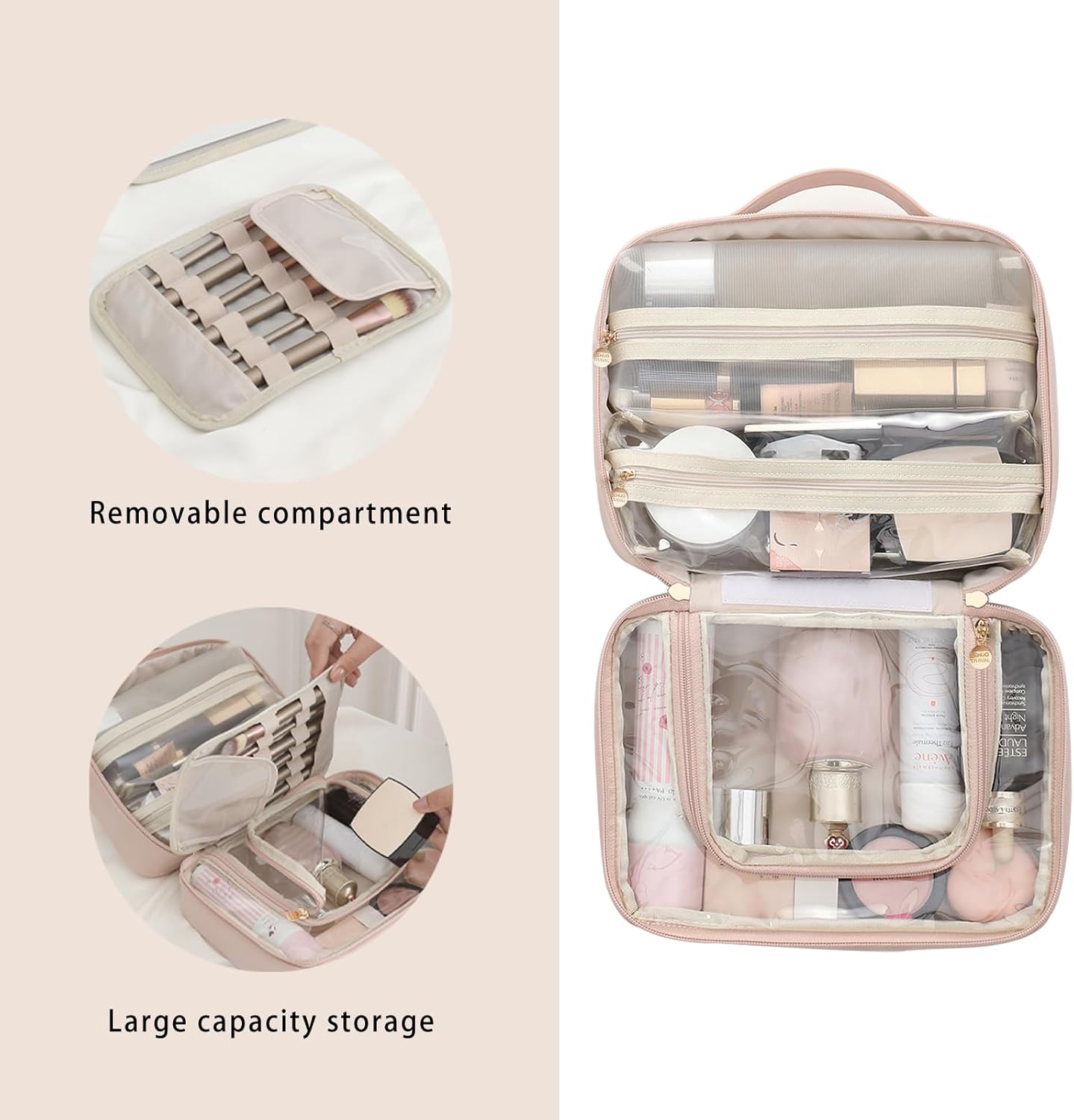 RIGHT AWAY Travel Toiletry Bag for Women,Large Makeup Bag& Cases,Waterproof Cosmetic Organizer Bag with Compartments,Portable Make Up Bag for Travel Size Toiletries,Skincare,Brushes Set,Pink - Image 6