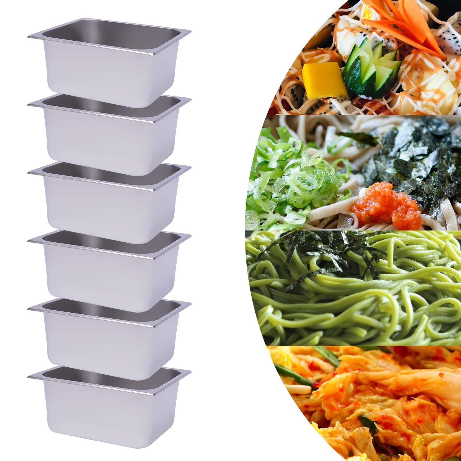 Treeisland Contenitore per gastronorm, in acciaio inox, 6 pezzi, contenitore per alimenti, in acciaio inox, per padelle alberghiere buffet catering