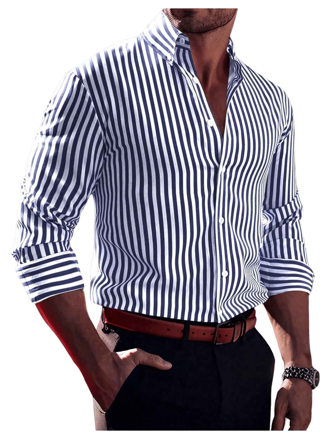 Floerns Men's Striped Print Button Front Collared Long Sleeve Shirt Top Business Casual Shirt, Classic Stripes For Casual Style, Dress Shirts