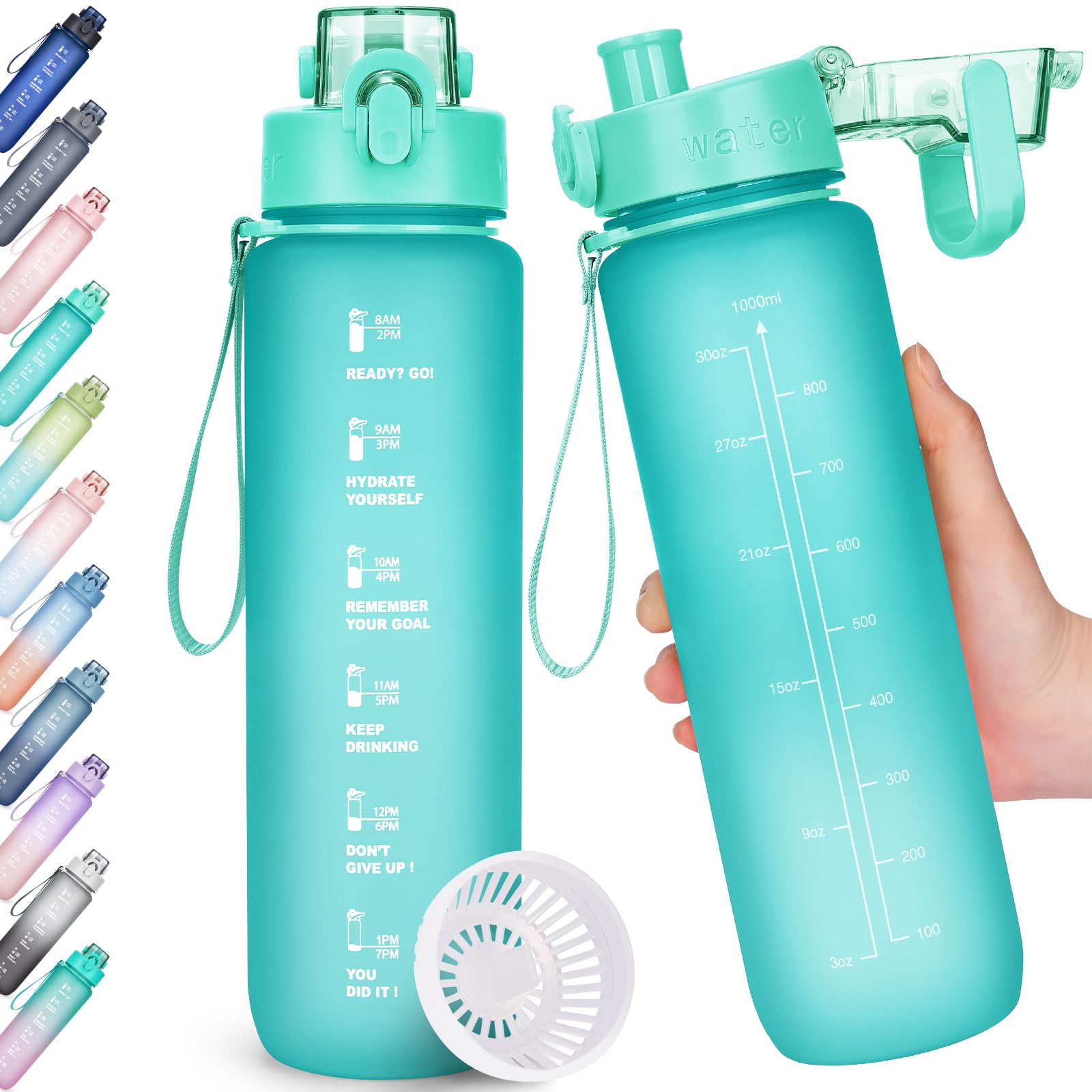 AOHAN Trinkflasche, 1l Wasserflasche BPA-Frei, Trinkflasche Sport Auslaufsicher, Sportflasche mit Zeitmarkierung für Fitness, Büro, Schule, Yoga, Outdoor