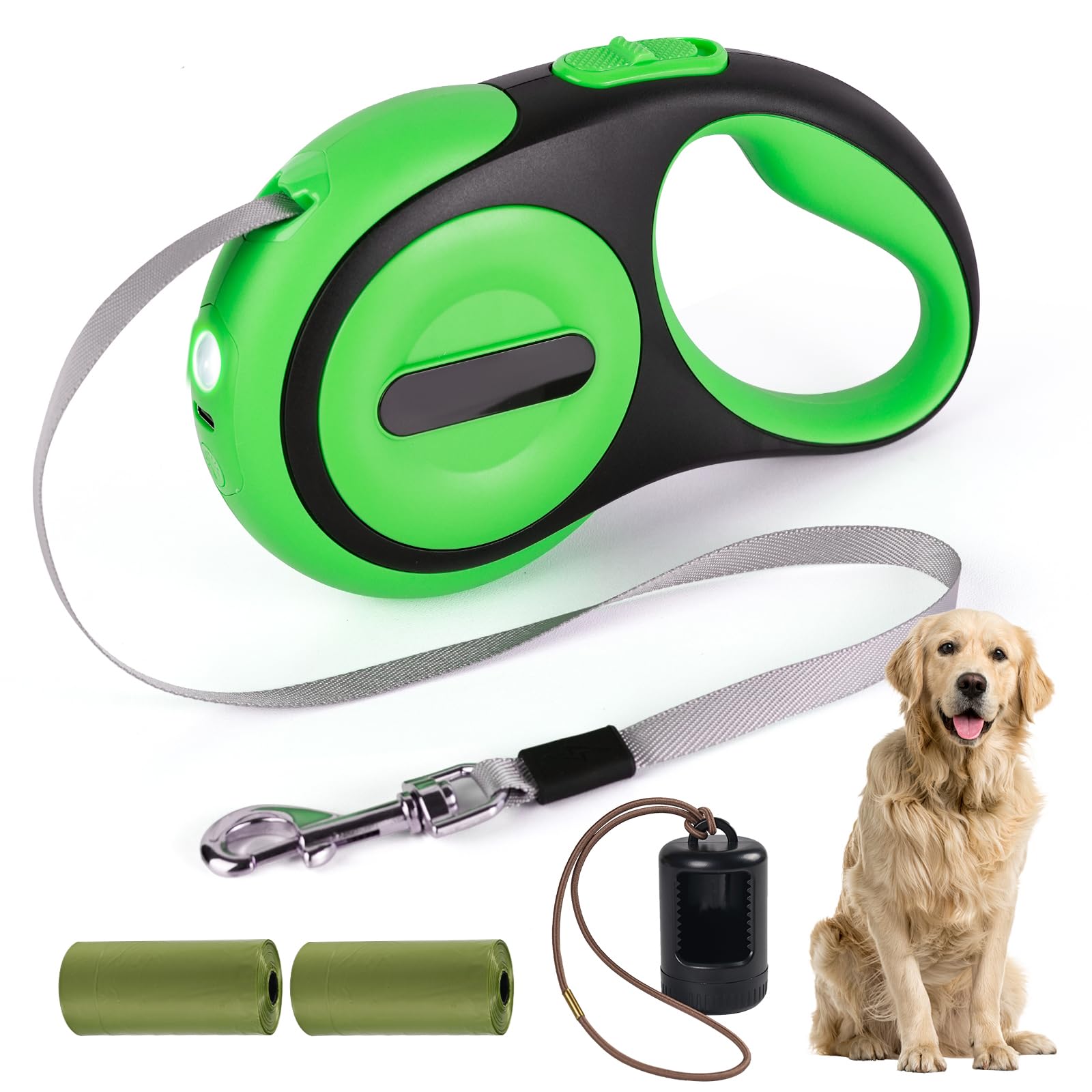 Retractable Dog Leash 16ft, 360° Tangle-Free, with Chew Proof Cable, LED Light, Dispenser, 2 Poop Bags. One Button Brake & Lock, Anti-Slip Handle, for Dogs Up to 75lbs. (Green, 16ft)