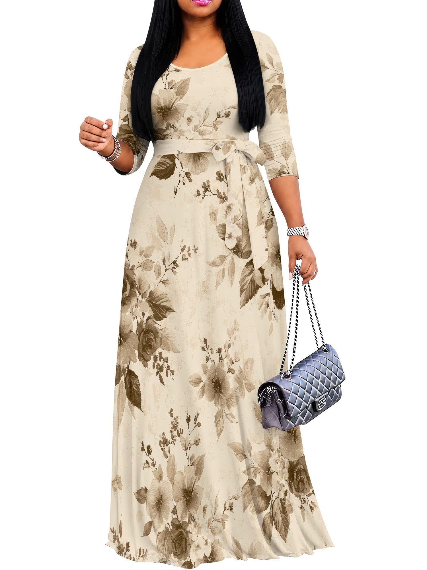 PinkPatty Women's Print Maxi Dresses 3/4 Sleeve Flowy Long Dress V Neck Wrap Tie Waist Sundress