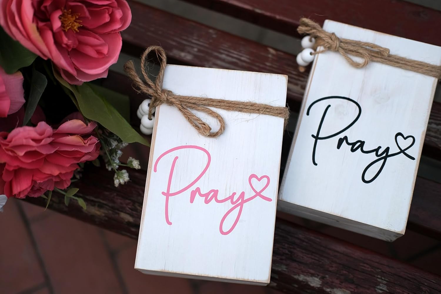 LIVDUCOT Pink Wood Book Stack Pray Christian Home Decor for Women - Wooden Block Sign Table Decoration - Inspiration Prayer Office Decor Religious Gift
