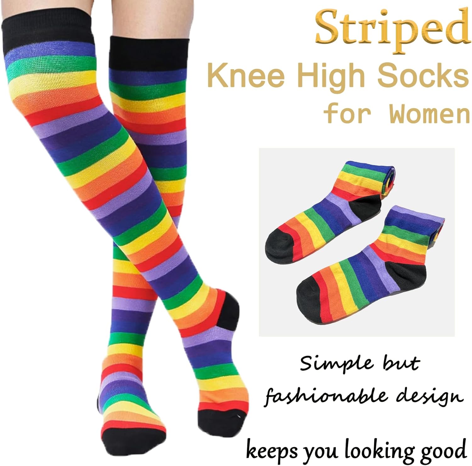 Chalier Womens Rainbow Socks Striped Knee High Socks Arm Warmer Fingerless Gloves Set - Image 3