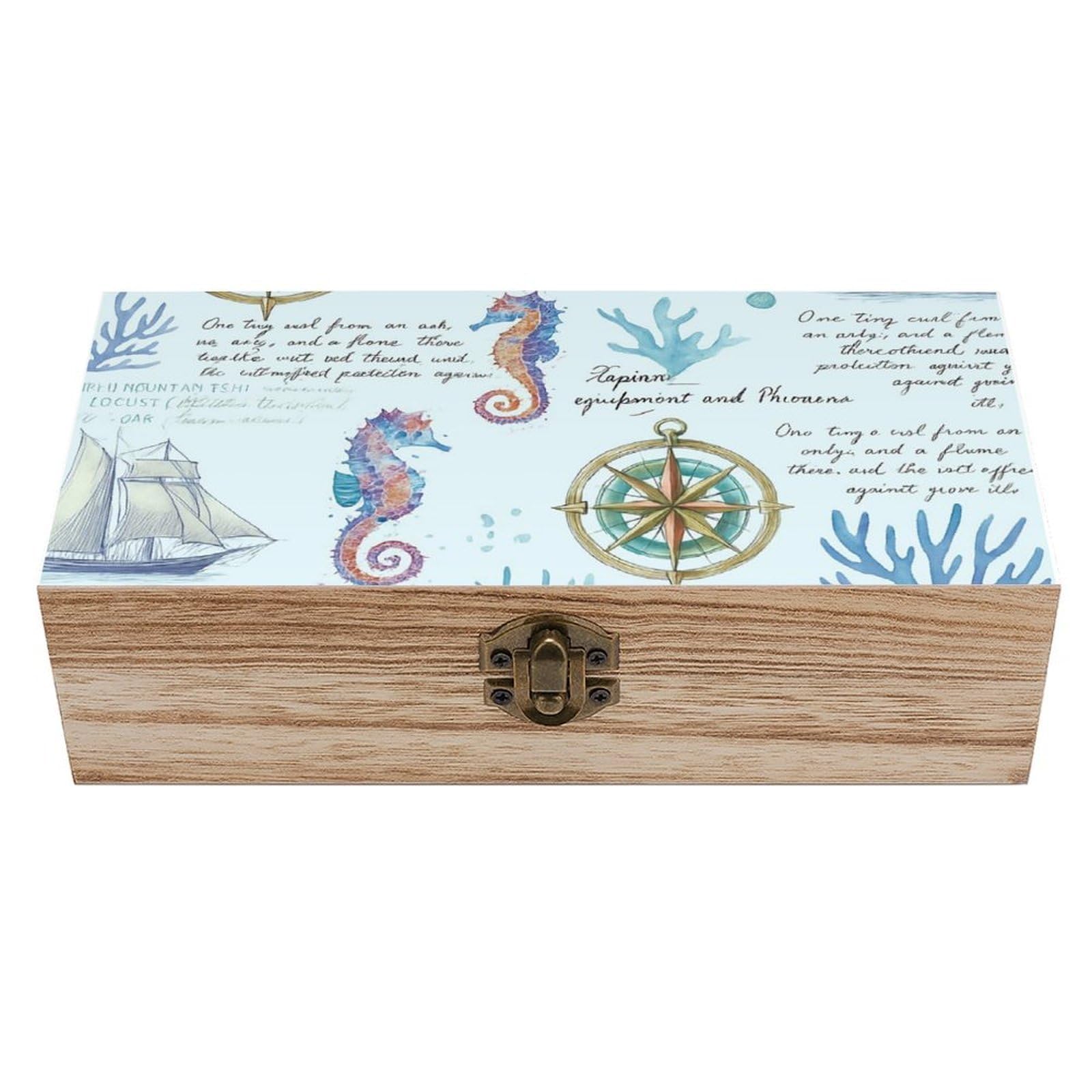 SMAZDFXX Nautical Seahorse Coral Sky Blue Wooden Storage Box Multipurpose Decorative Box for Jewelry Photo Home Decor