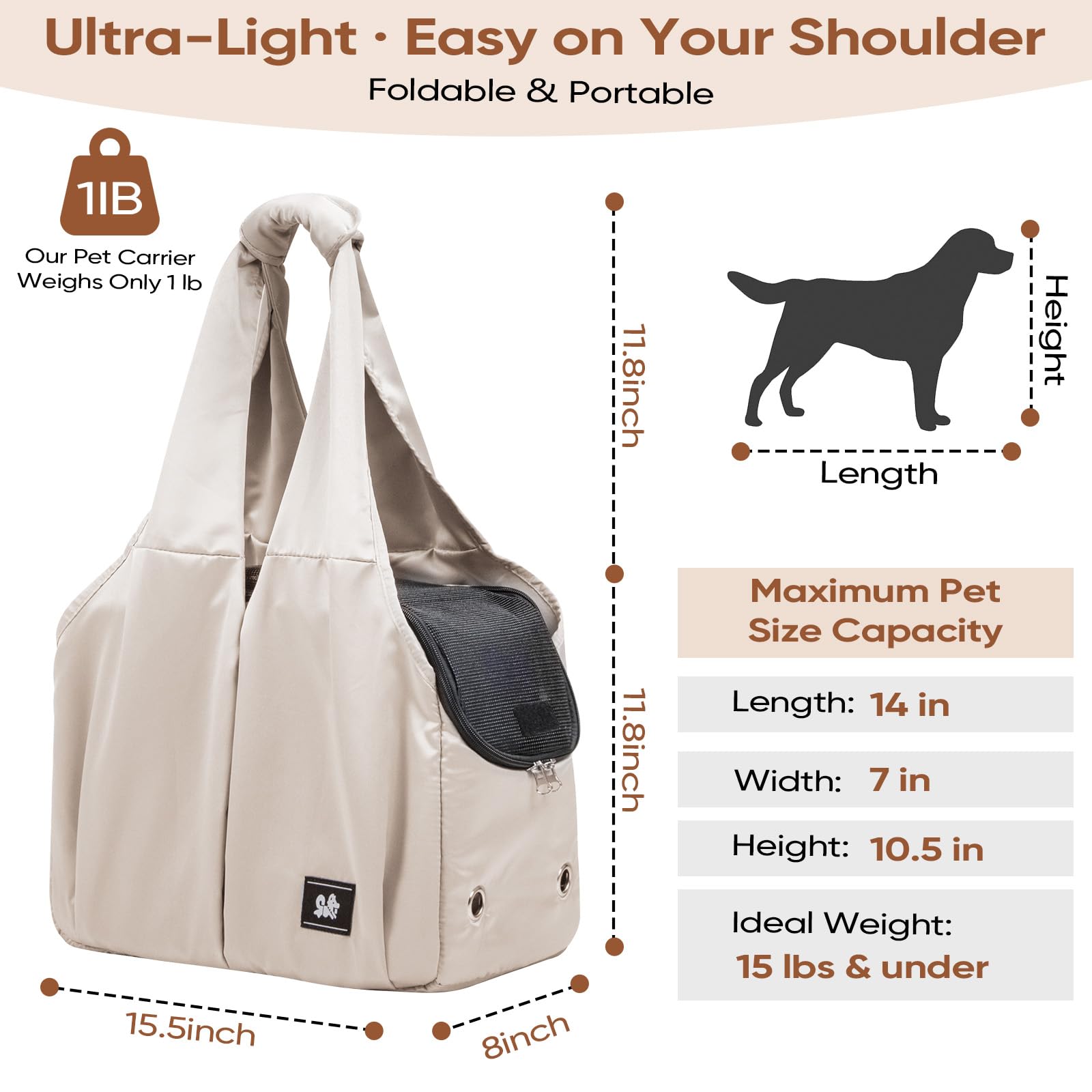 Dog Purse Carrier for Small Dogs, Cats, and Puppies – Soft-Sided Travel Pet Tote Bag with 4 Large Pockets, Foldable, Lightweight, Fits Pets up to 15 lbs, for Travel, Outings (Beige) - image 2