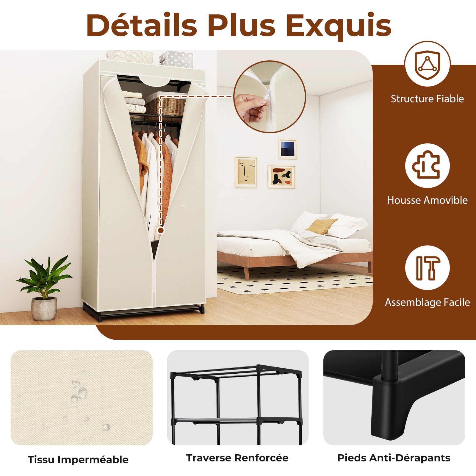 GOPLUS Armoire-penderie Multifonctionnelle, Armoire de Rangement avec Housse Amovible et Barres Transversales Renforcées, Étagères et Tige de Suspension Équipées, Charge Max 30KG (Modèle B,Beige)