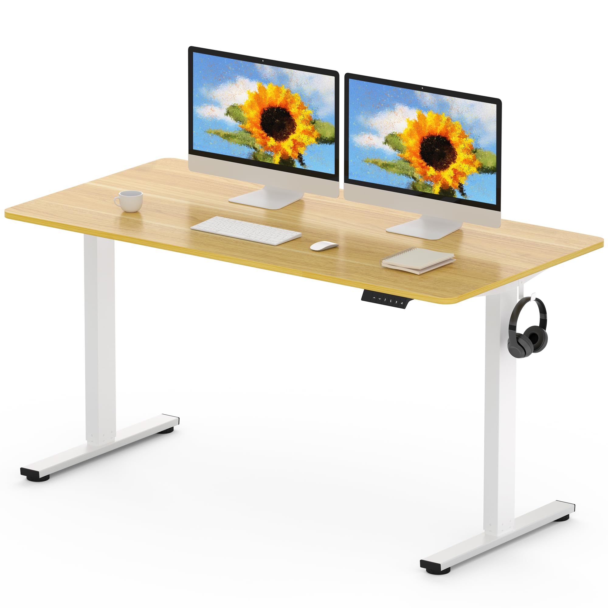 FLEXISPOT 140 x 80cm Electric Standing Desk ONE PIECE Height Adjustable Desk Sit Stand Desk with 4 Memory Smart Panel and Backpack Hook for Home Office, (White Frame+Maple Desktop)