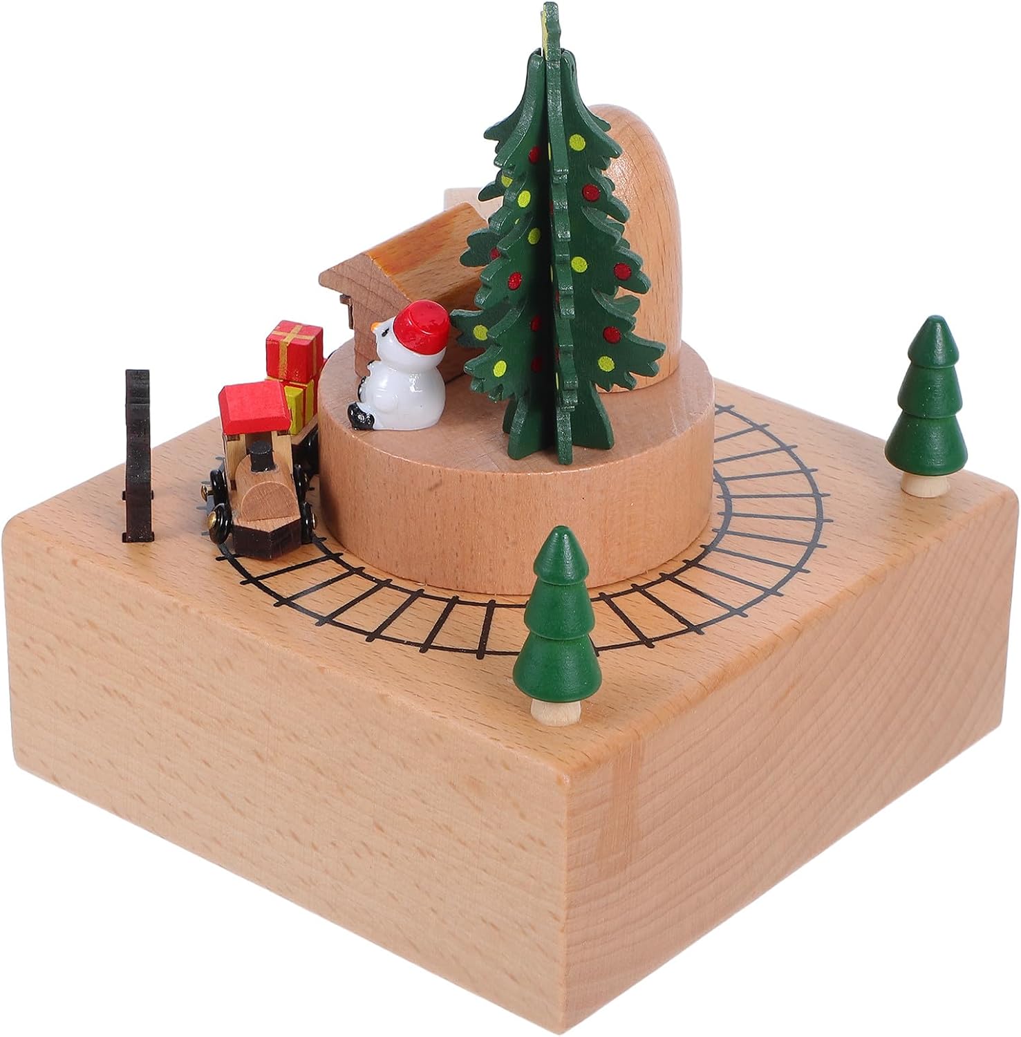Cabilock Wooden Christmas Music Box, Wind Up Musical Box with Christmas Tree and Moving Train Figurine, Decorative Xmas Singing Music Present for and Home Decor