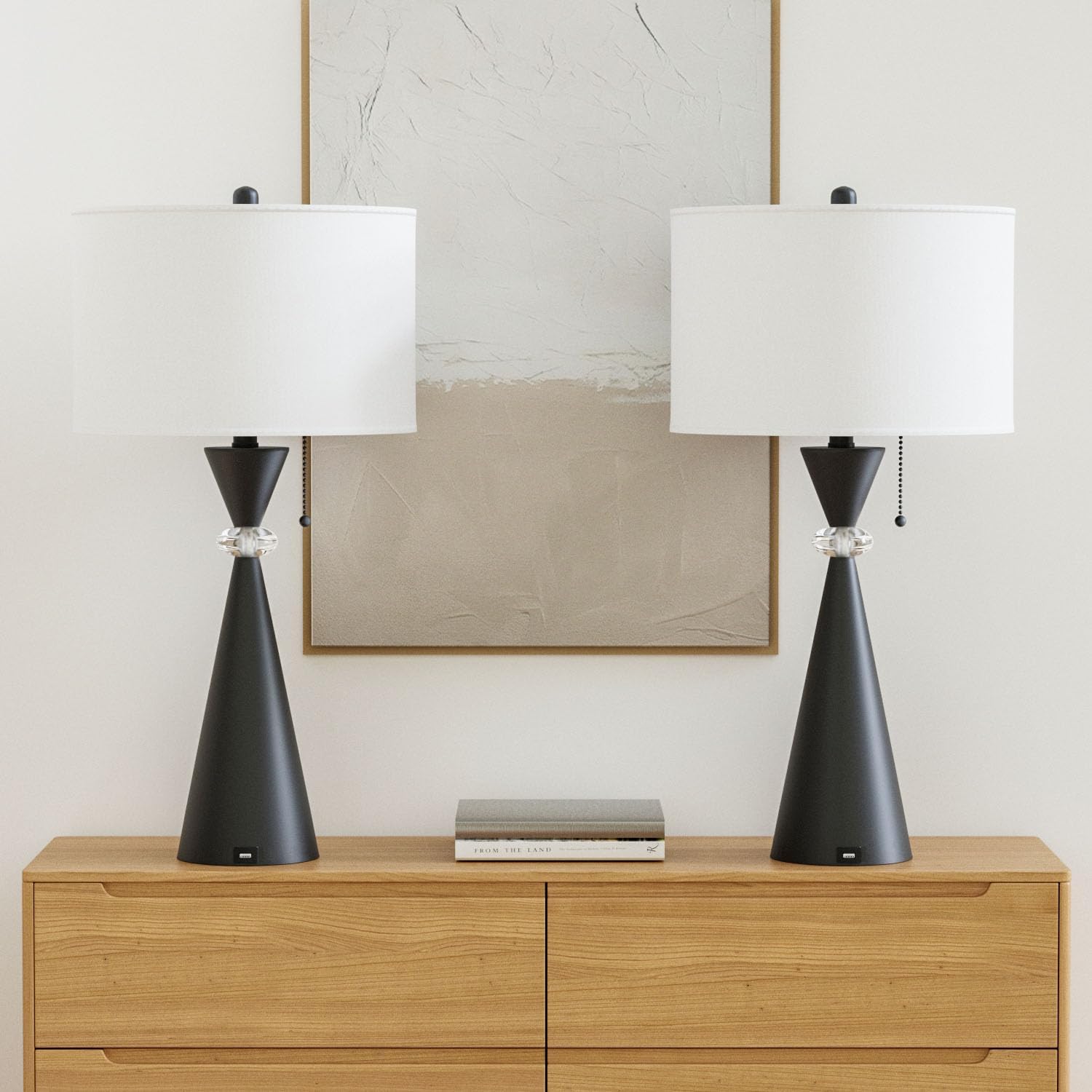 Maxax 28" Modern Table Lamps Set of 2,Bedside Lamps with USB Charging Ports,Black Metal Hourglass Base with White Drum Shade for Living Room Bedroom House Bedside