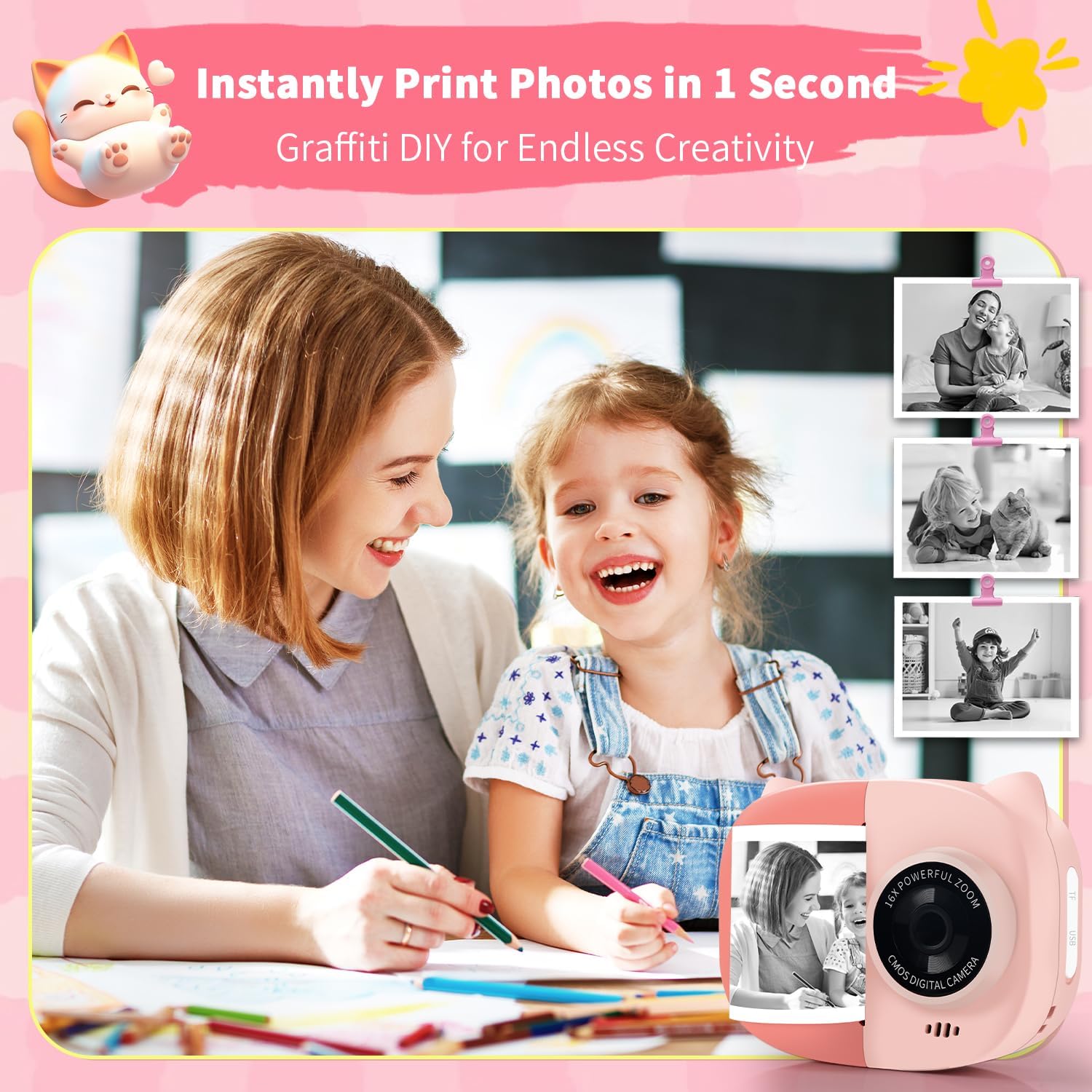 Rongta Kids Camera Instant Print, 1080P Kids Instant Cameras That Print Photos, Christmas Birthday Gifts for Girls Age 3-12, Video Camera Portable Toy for 3 4 5 6 7 8 9 10 Year Old Kids Girls(Pink) - Image 2