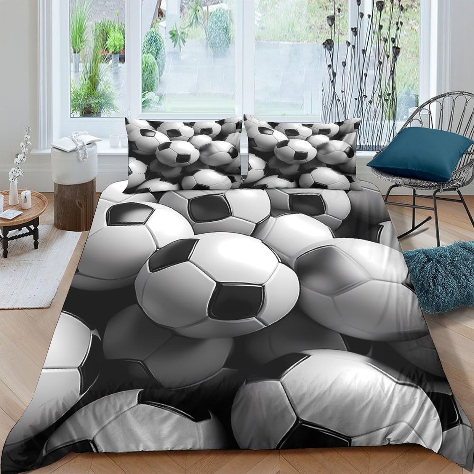 TUFRTGYHN 3D Printed Football Pattern Duvet Cover Microfiber Soft Breathable Soccer Bedding Set with 2 Pillowcases for Bedroom Decor Single（135x200cm）