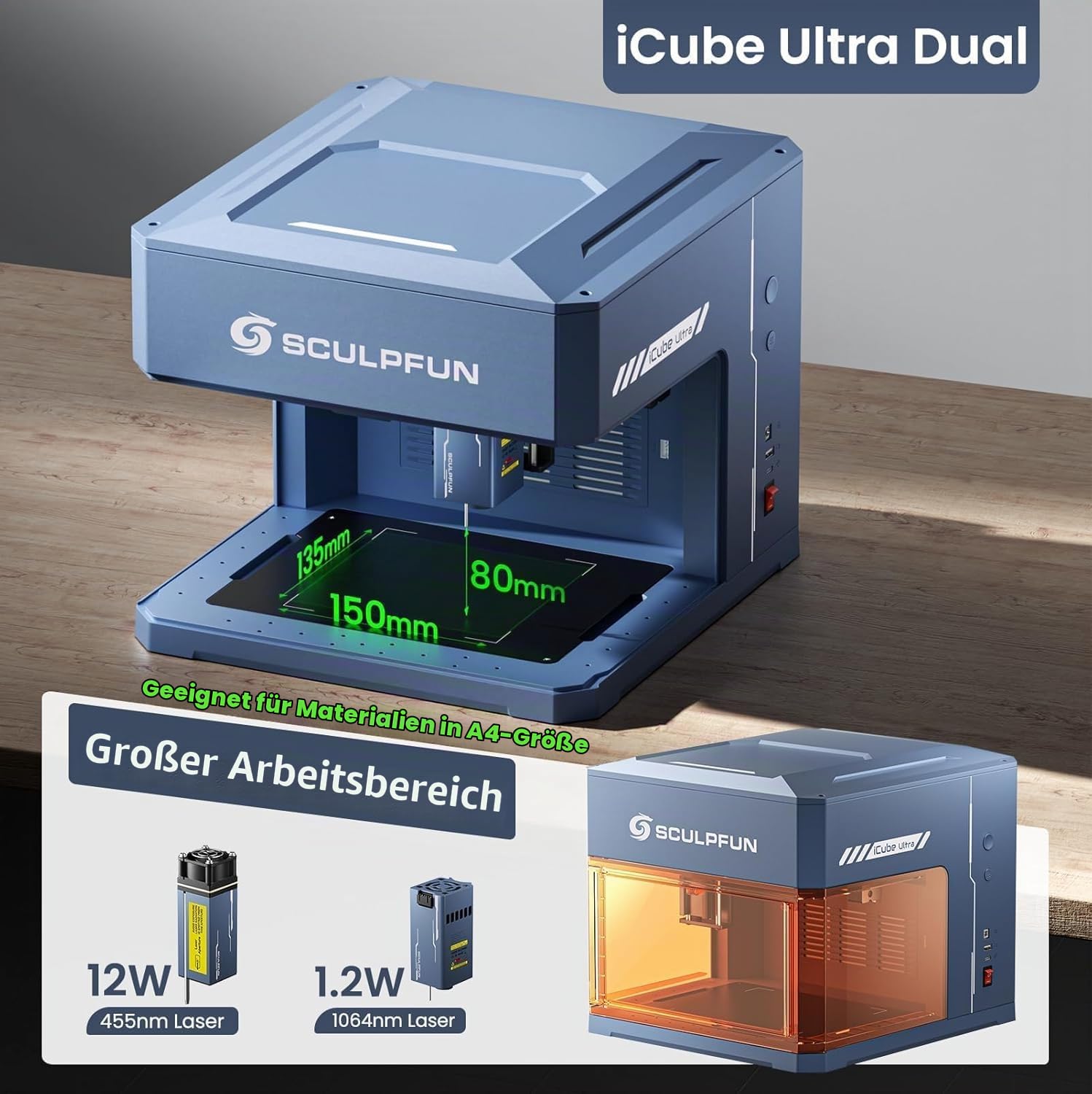SCULPFUN iCube Ultra Dual Laser Graviermaschine, 12W Diode & 1.2W Infrarotmodul, Geschlossener Laser Gravierer für Holz, Leder & Metall, Hochgeschwindigkeitsgravur mit Schneidfähigkeit, 150 x 135 mm