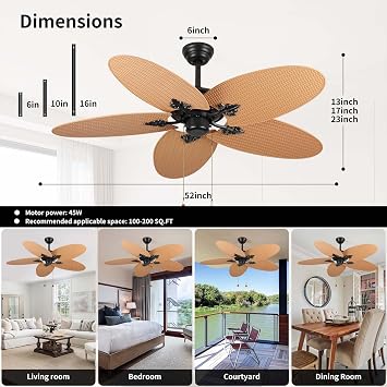 52 Palm Leaf Ceiling Fans with 5 Blades, Indoor/Outdoor Tropical Ceiling Fan No Light with Remote and Pull Chain Control for Patios and Bedrooms (Acacia Wood)