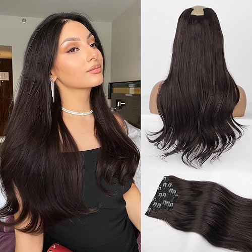 SHNMIN Extensiones de cabello con pinzas, extensiones de cabello grueso y largo y lacio, con trama de encaje suave y ligera, 7 piezas, extensiones