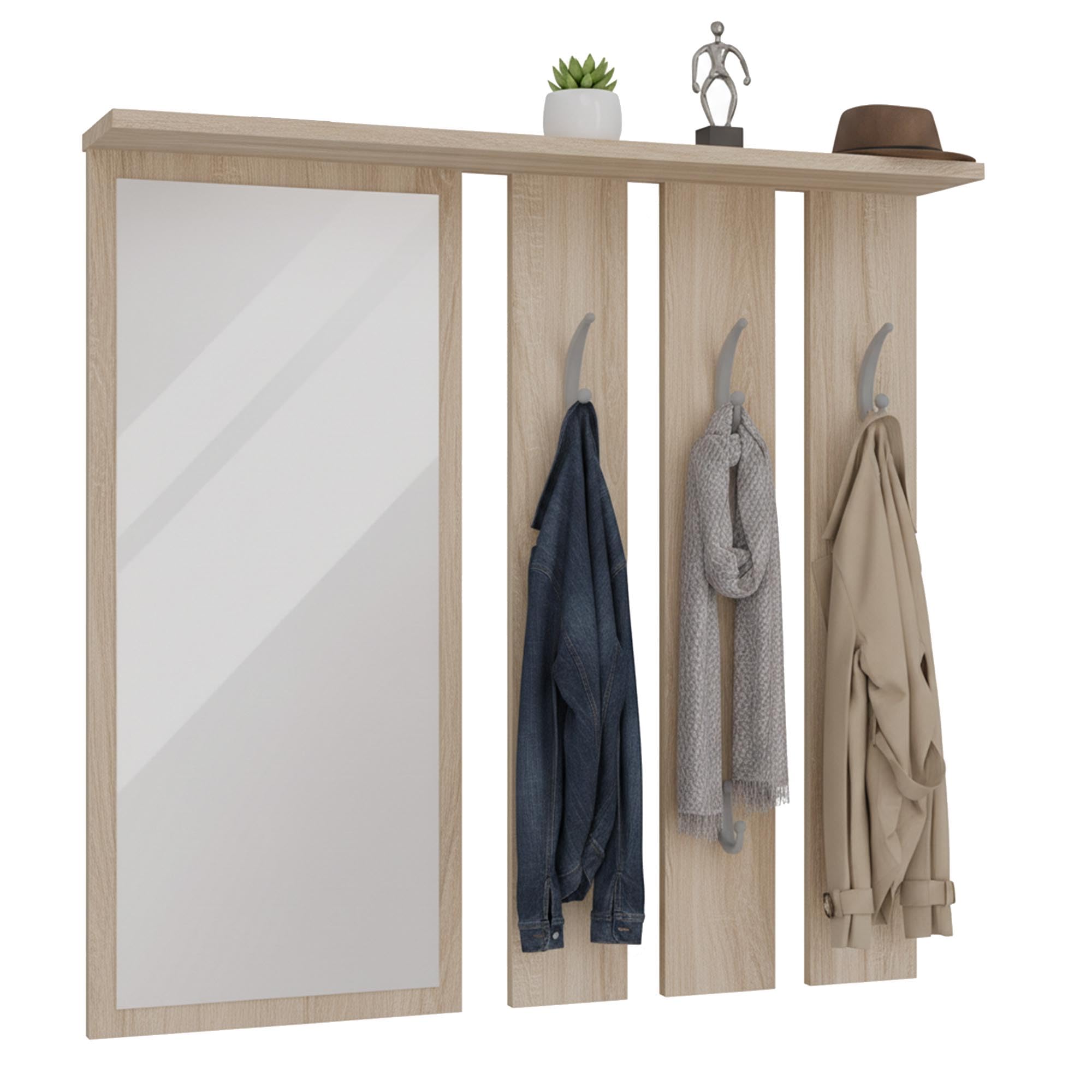 CDF Kleiderständer Opal | Farbe: Eiche Sonoma | Platz für Kleidungen, Mäntel, Jacken | Ideal für EIN Vorzimmer, Flur, Arbeitszimmer, Büro | 6 Haken | Einlageböden | großer Spiegel