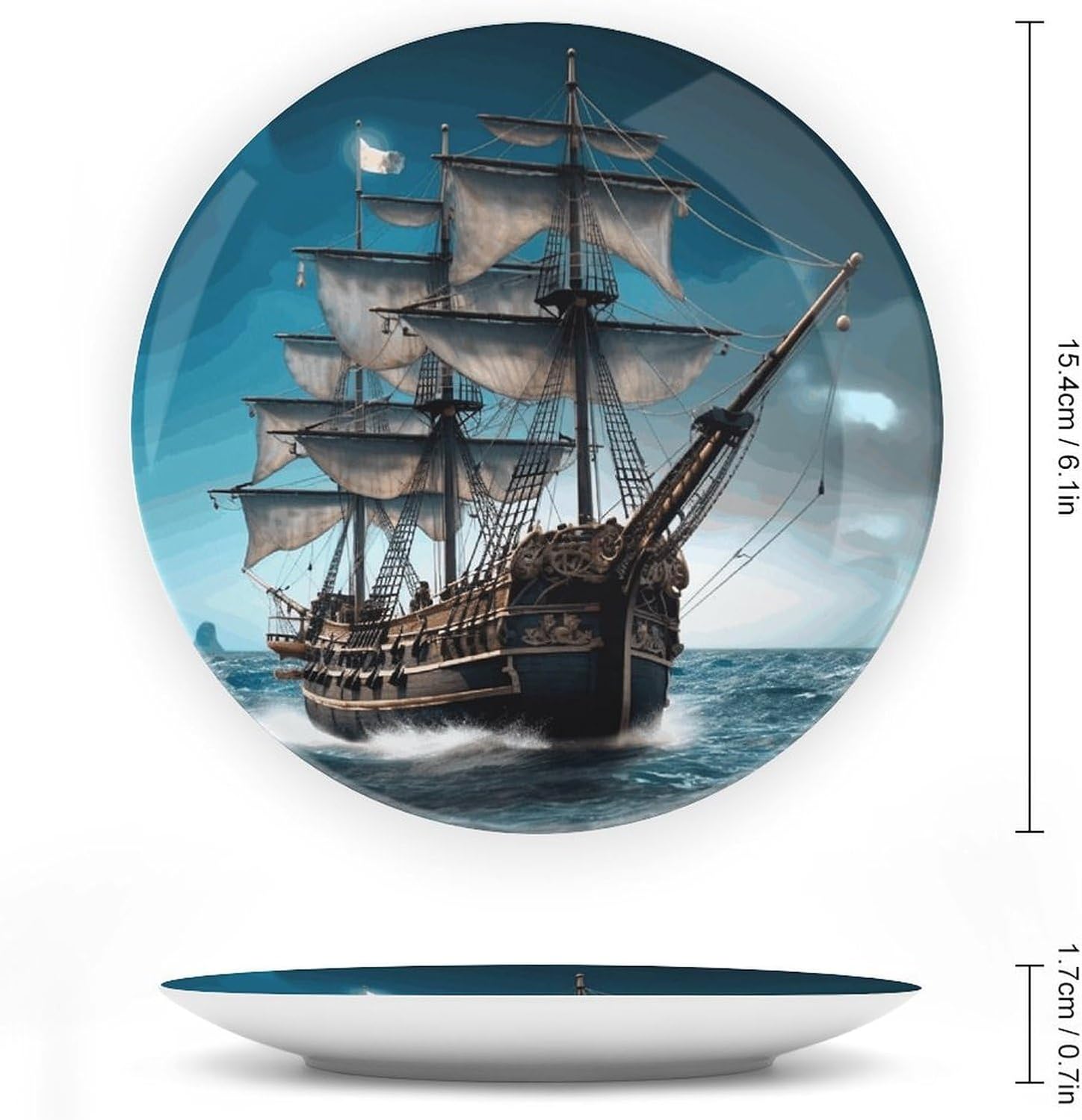 Pirate Ship Ceramic Decorative Plate for Home, Bone China Plates | Chinese Style Decorative Dish with Stand, Dinner Plates Art Crafts for Wall Decor, Collections Plate with Hook 6inch