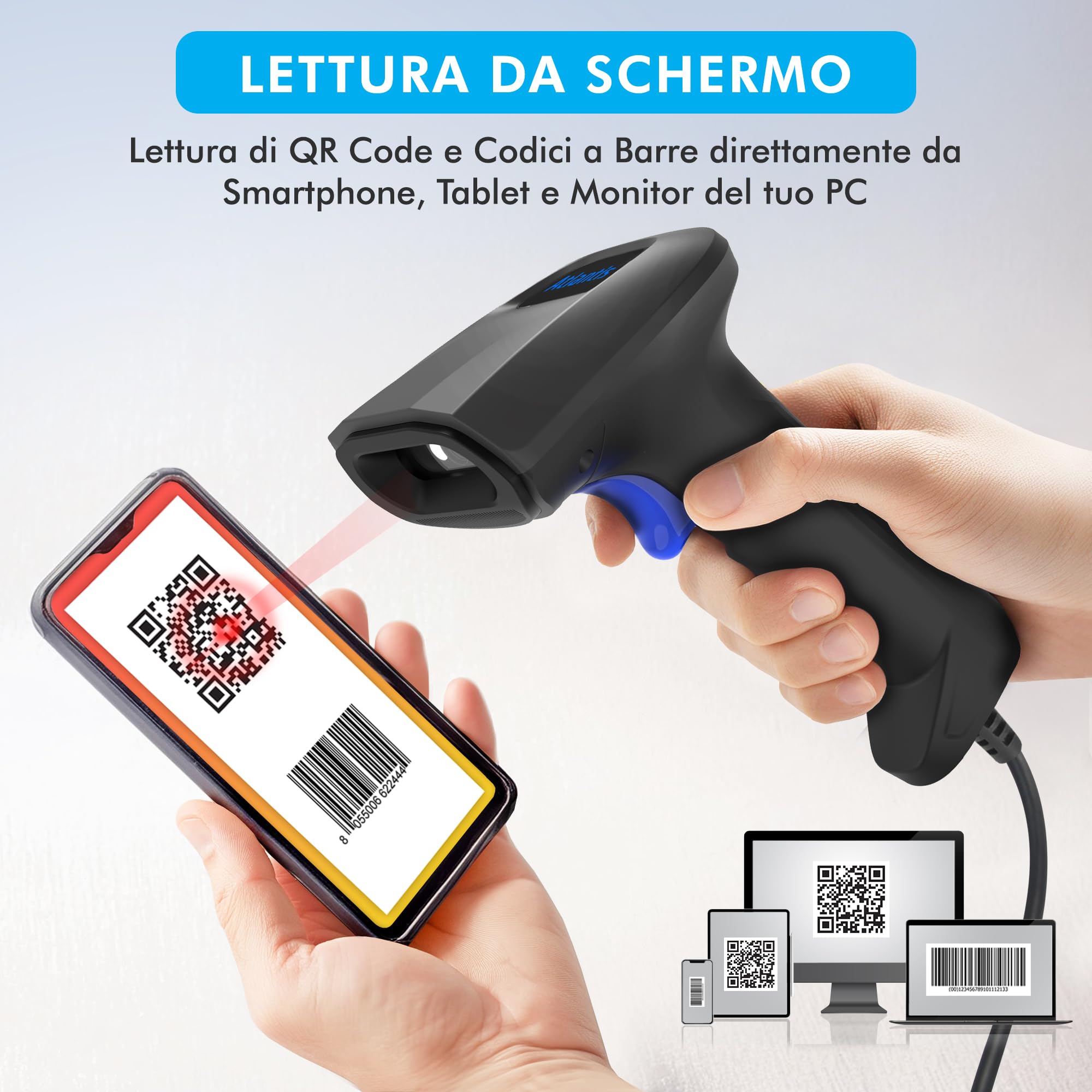 Atlantis A08-LD190-2D Lettore Codici a Barre Barcode reader scanner 1D e 2D Ottico (640x480), 60fps, legge da smartphone e display, codice farmaceutico, collegamento USB, guida rapida.