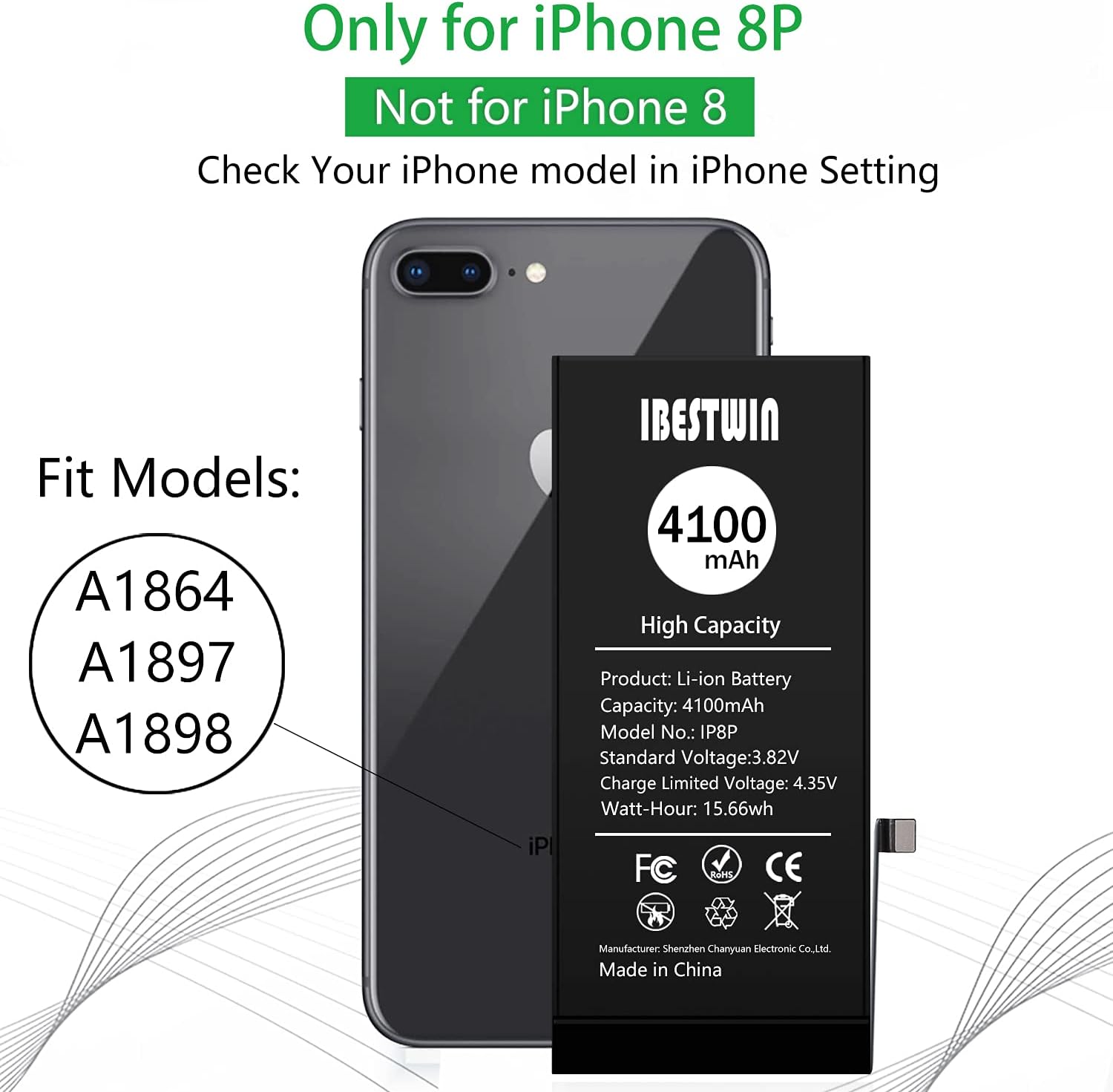 Battery for iPhone 8 Plus Upgraded 4100mAh High Capacity Replacement Battery for IP 8P (A1864, A1897, A1898, A1899) with Tool kit Adhesive and Manual, High Capacity Battery 0 Cycle-3 Years Warranty : Cell Phones & Accessories